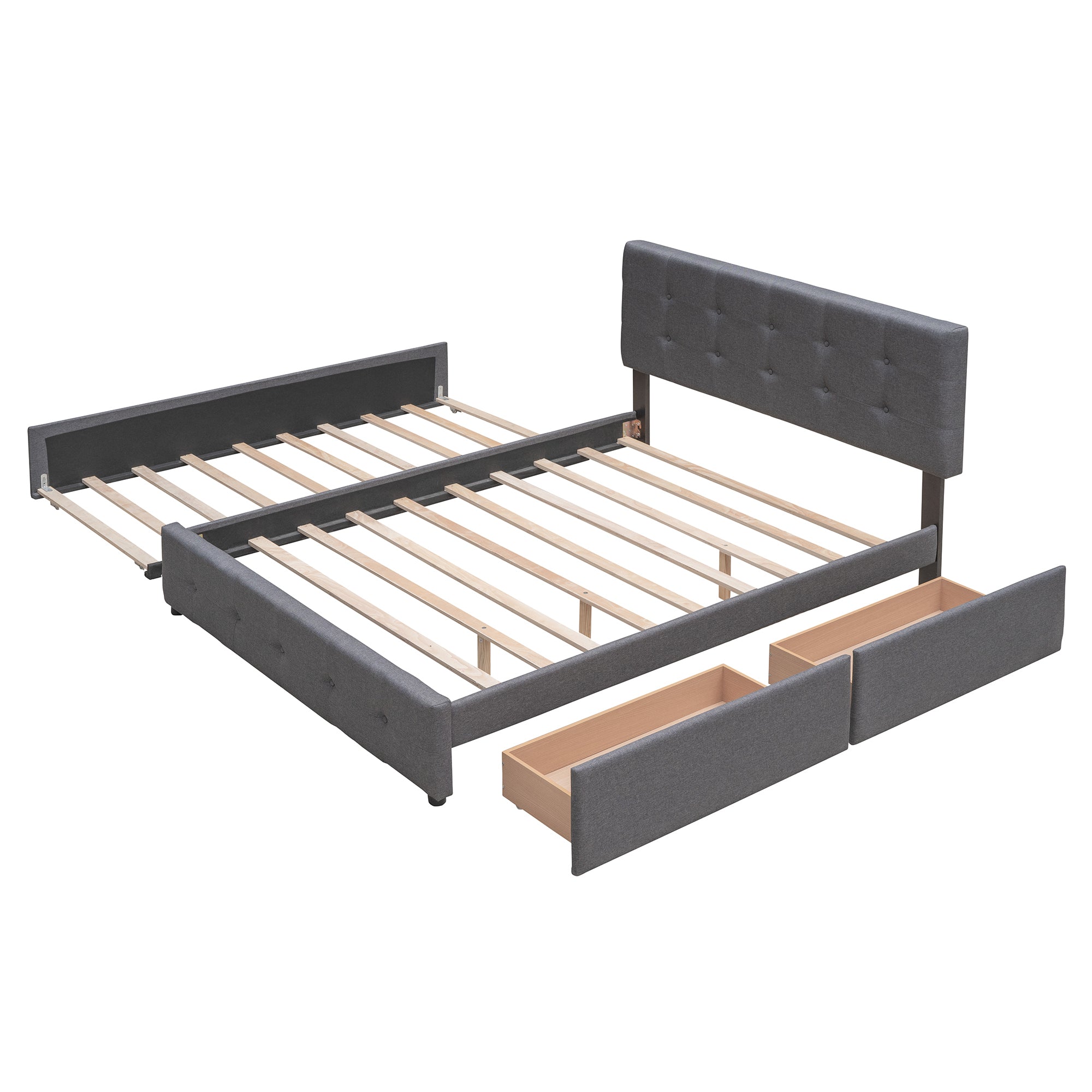Upholstered Platform Bed with 2 Drawers and 1 Twin XL Trundle, Linen Fabric, Queen Size - Dark Gray(OLD SKU :LP000314AAE)