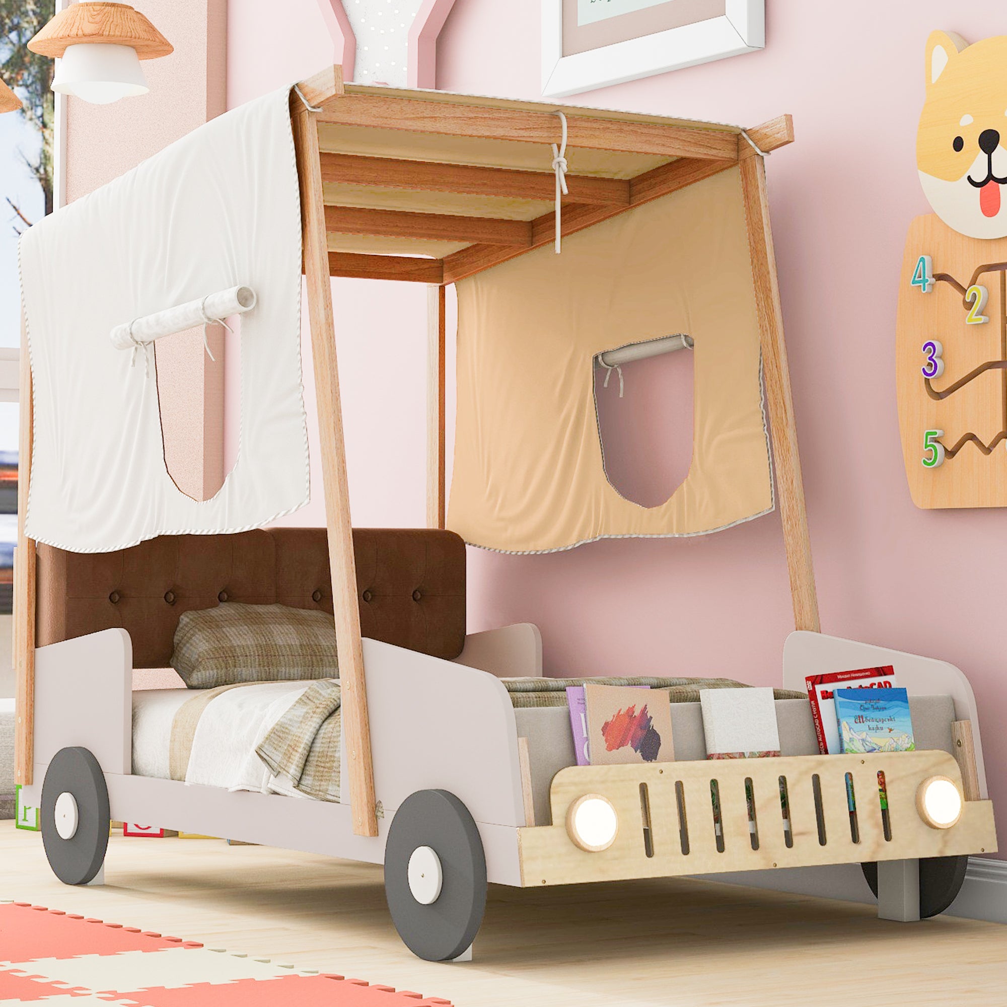 Wood Twin Size Car Bed with Pillow, Ceiling Cloth and LED, Natural - Atlantic Fine Furniture Melbourne FL