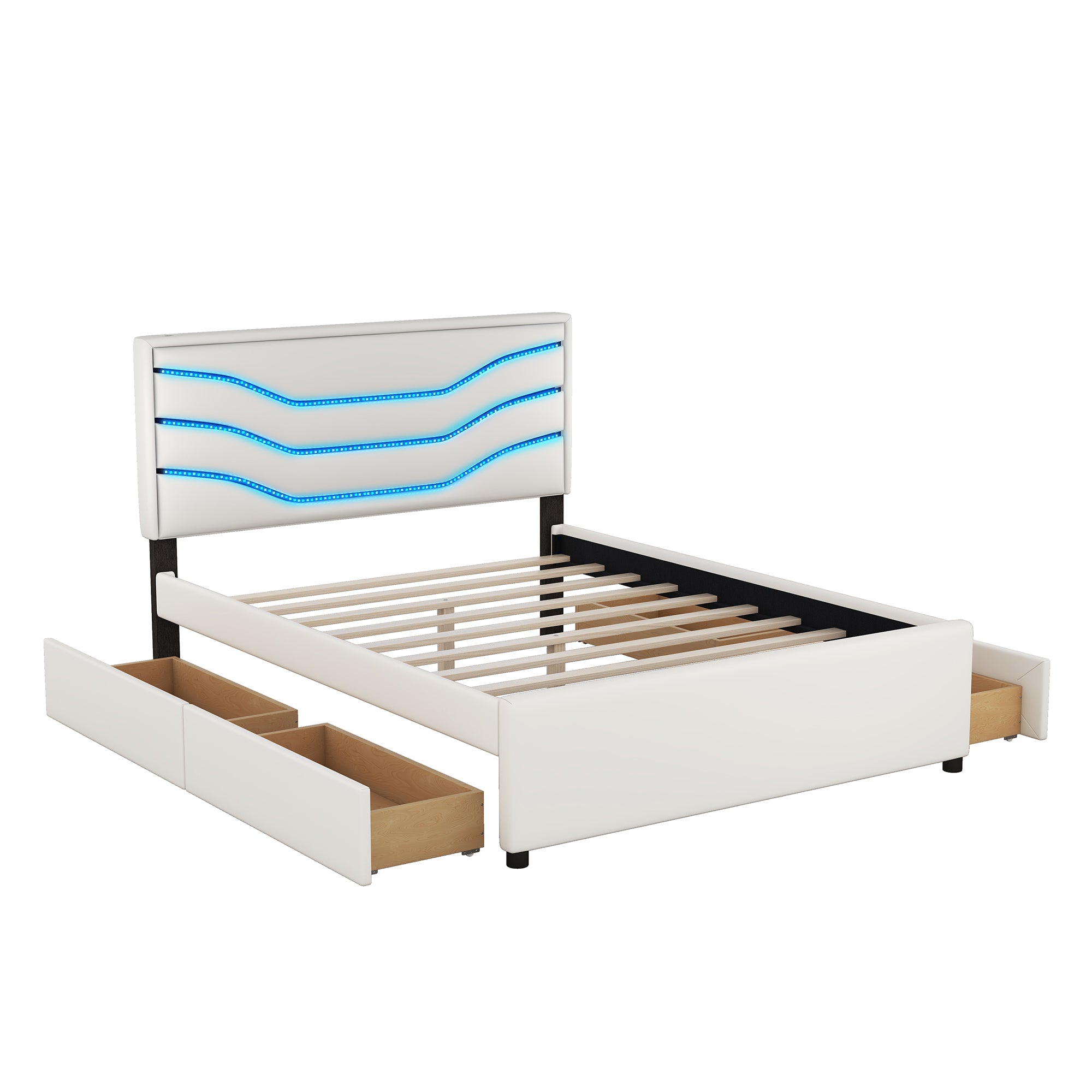 Queen Size Upholstered Storage Platform Bed with LED, 4 Drawers and USB Charging, White - Atlantic Fine Furniture Melbourne FL