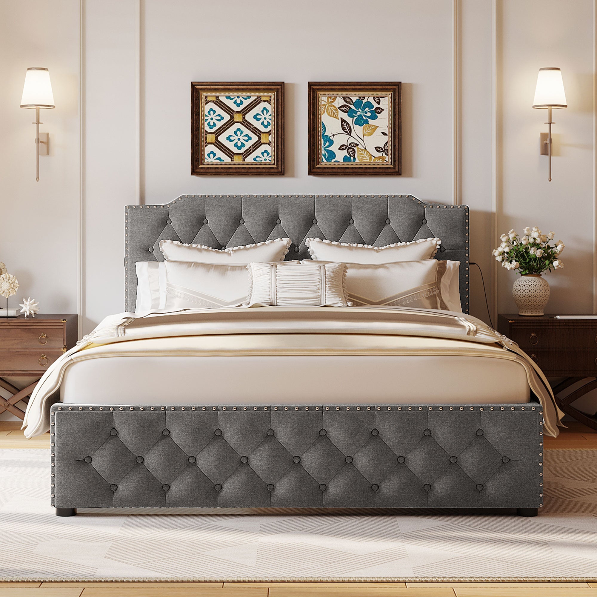 Queen Size Upholstered Platform Bed with 2 Drawers and 2 sets of USB Ports on each side, Linen Fabric, Gray - Atlantic Fine Furniture Melbourne FL