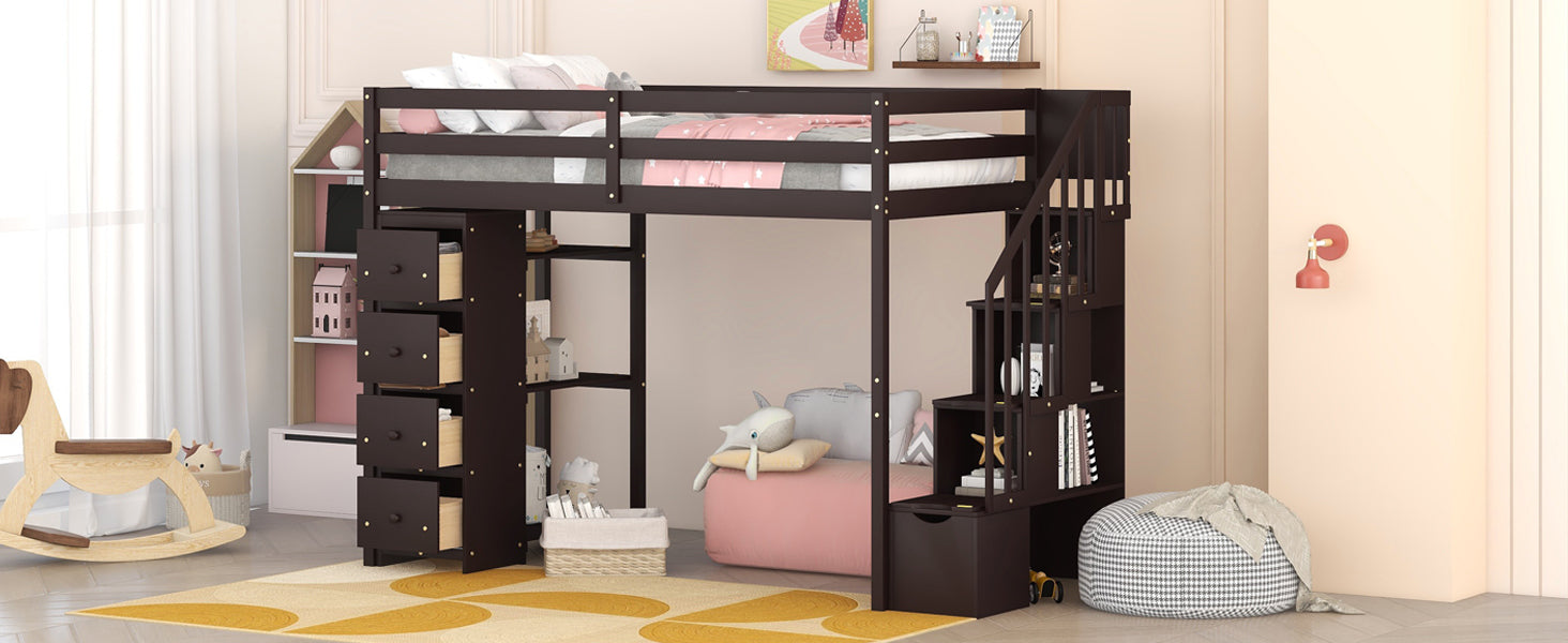 Twin size Loft Bed with Storage Drawers and Stairs, Wooden Loft Bed with Shelves - Espresso - Atlantic Fine Furniture Melbourne FL