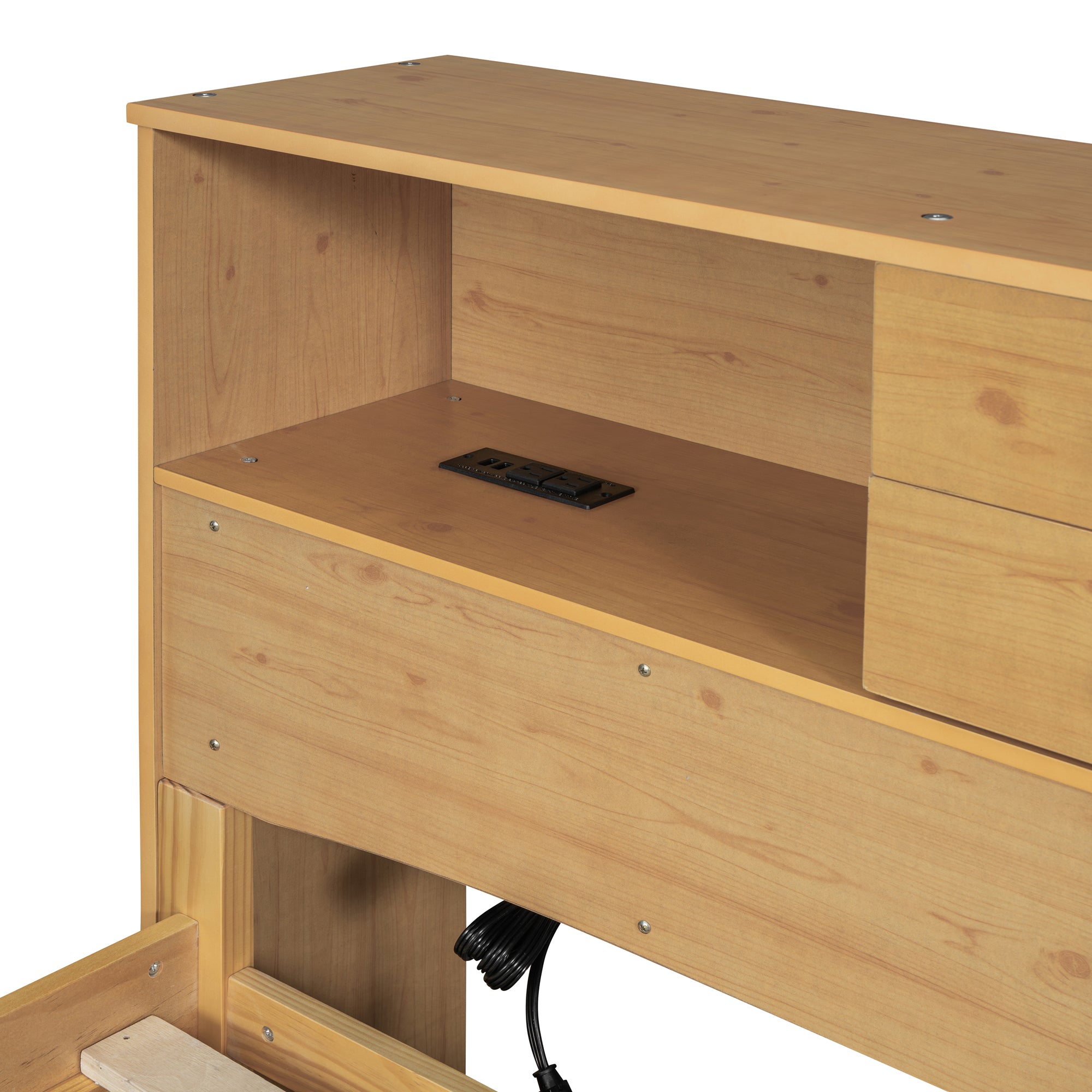 Full Size Wood Pltaform Bed with Twin Size Trundle, 3 Drawers, Upper Shelves and a set of USB Ports & Sockets, Natural - Atlantic Fine Furniture Melbourne FL