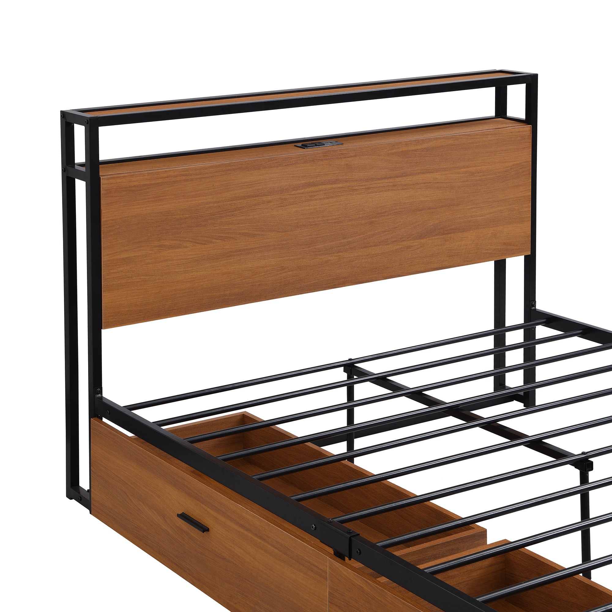 Full Size Metal Platform Bed Frame with Two Drawers,Sockets and USB Ports ,Slat Support No Box Spring Needed Black