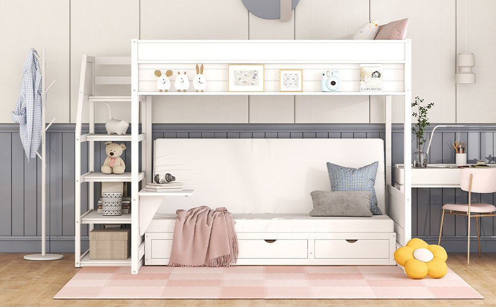 Wood Full Size Convertible Bunk Bed with Storage Staircase, Bedside Table, and 3 Drawers, White - Atlantic Fine Furniture Melbourne FL