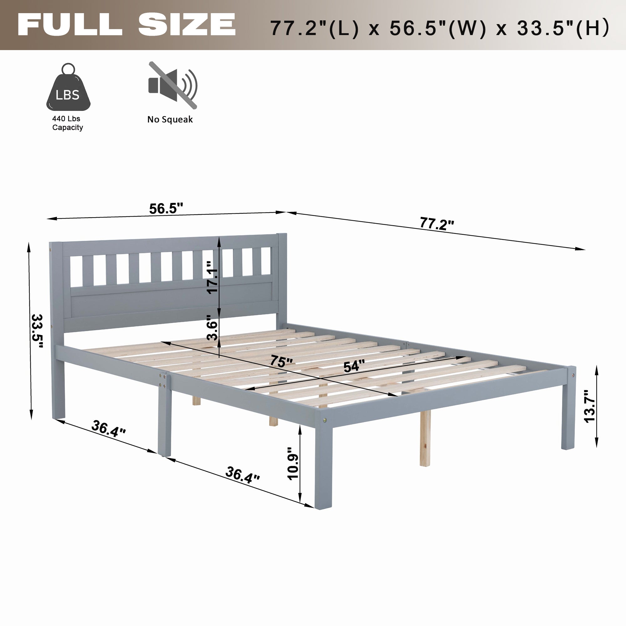 Full Size Bed, Wood Platform Bed Frame with Headboard For Kids, Slatted, Gray - Atlantic Fine Furniture Melbourne FL