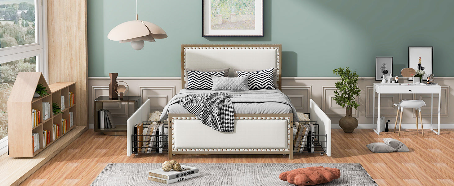 Full Size Upholstered Platform Bed with Nailhead Decoration and 4 Drawers, Brown - Atlantic Fine Furniture Melbourne FL