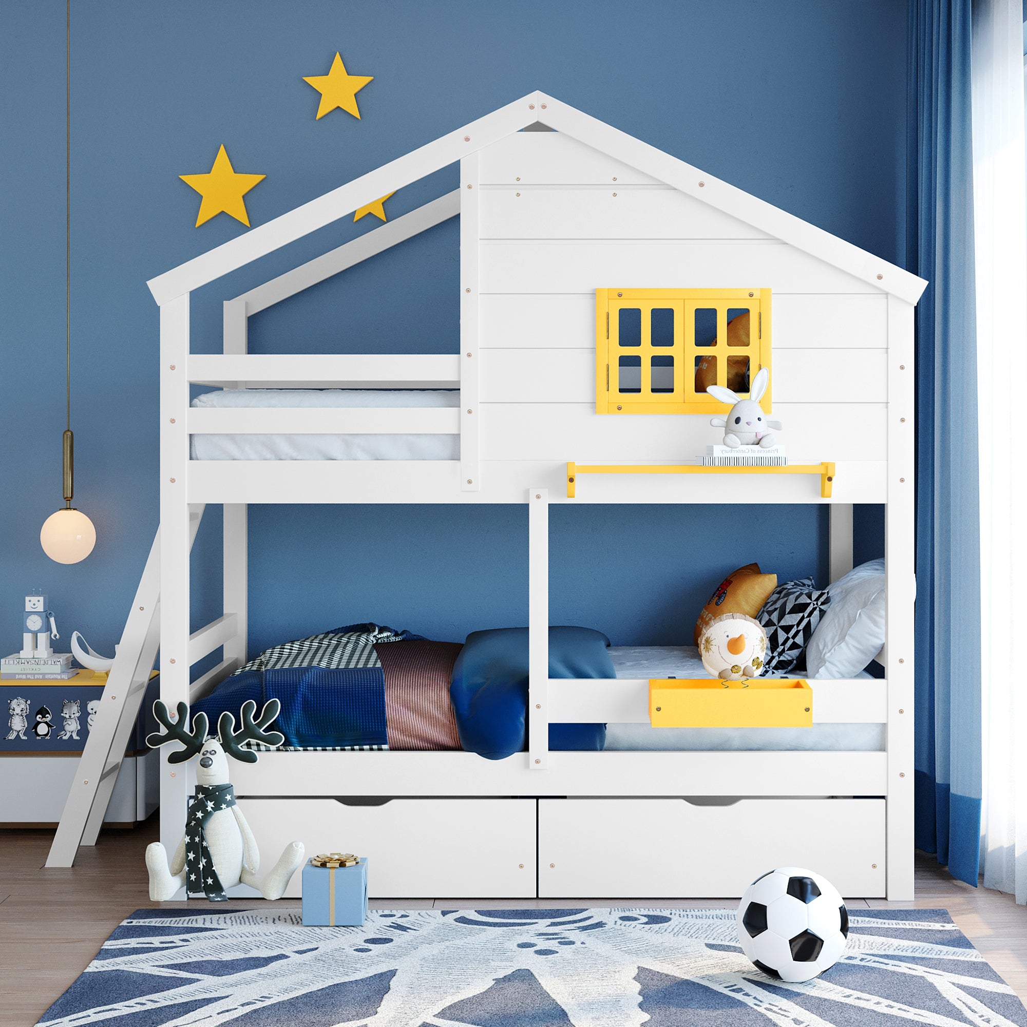 Twin over Twin Bunk Bed with 2 Drawers, 1 Storage Box, 1 Shelf, Window and Roof-White(OLD SKU:LT000608AAK) - Atlantic Fine Furniture Melbourne FL