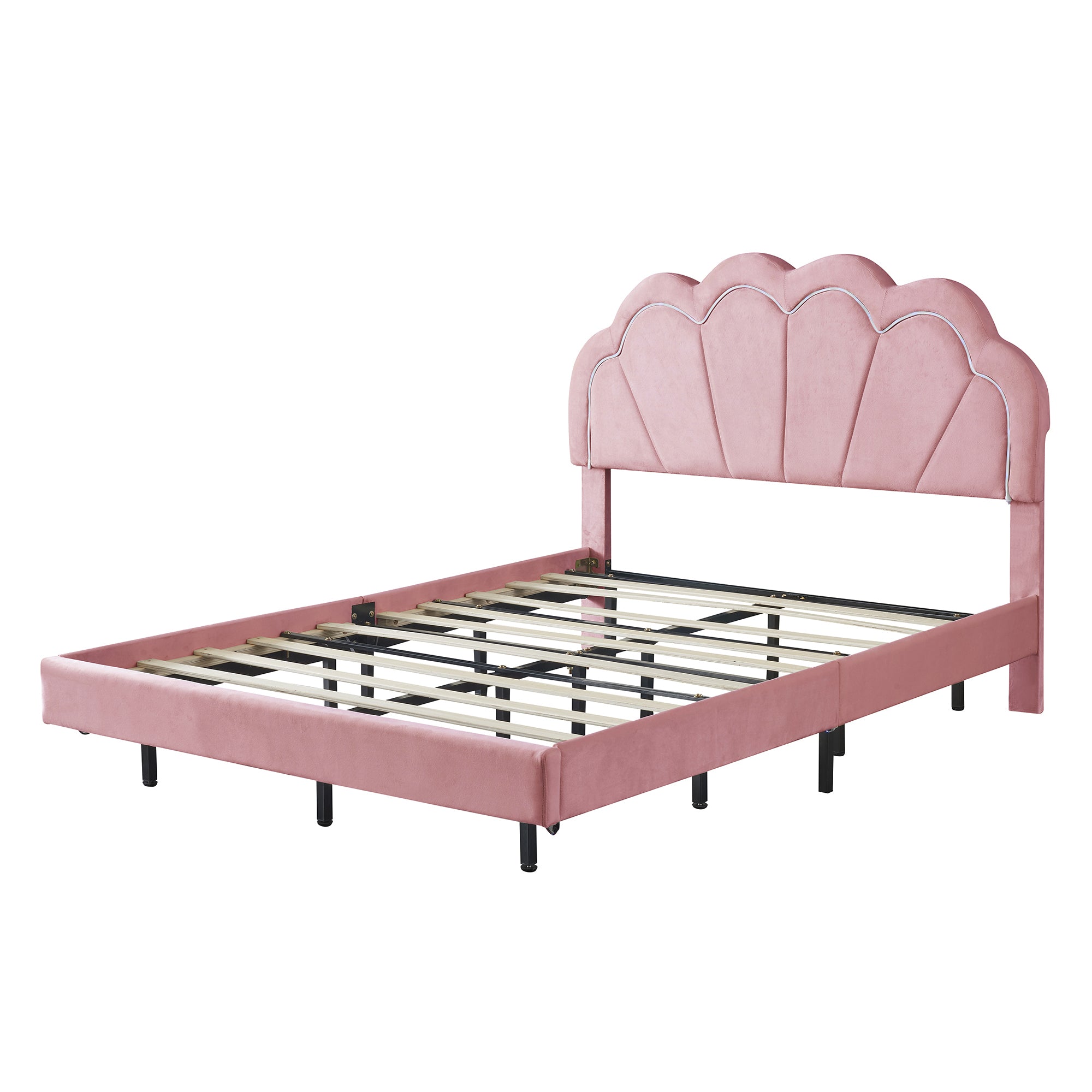 Full Upholstered Smart LED Bed Frame with Elegant Flowers Headboard,Floating Velvet Platform LED Bed with Wooden Slats Support,Pink - Atlantic Fine Furniture Melbourne FL