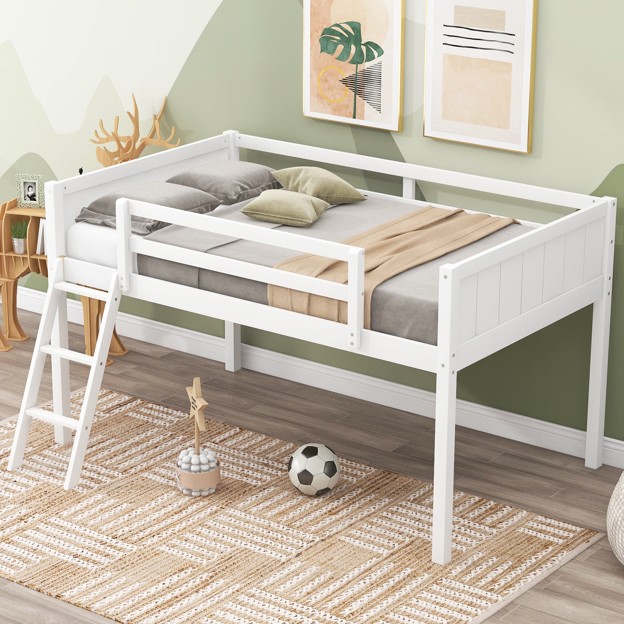 Twin Size Wood Loft Bed with Ladder, ladder can be placed on the left or right, White - Atlantic Fine Furniture Melbourne FL