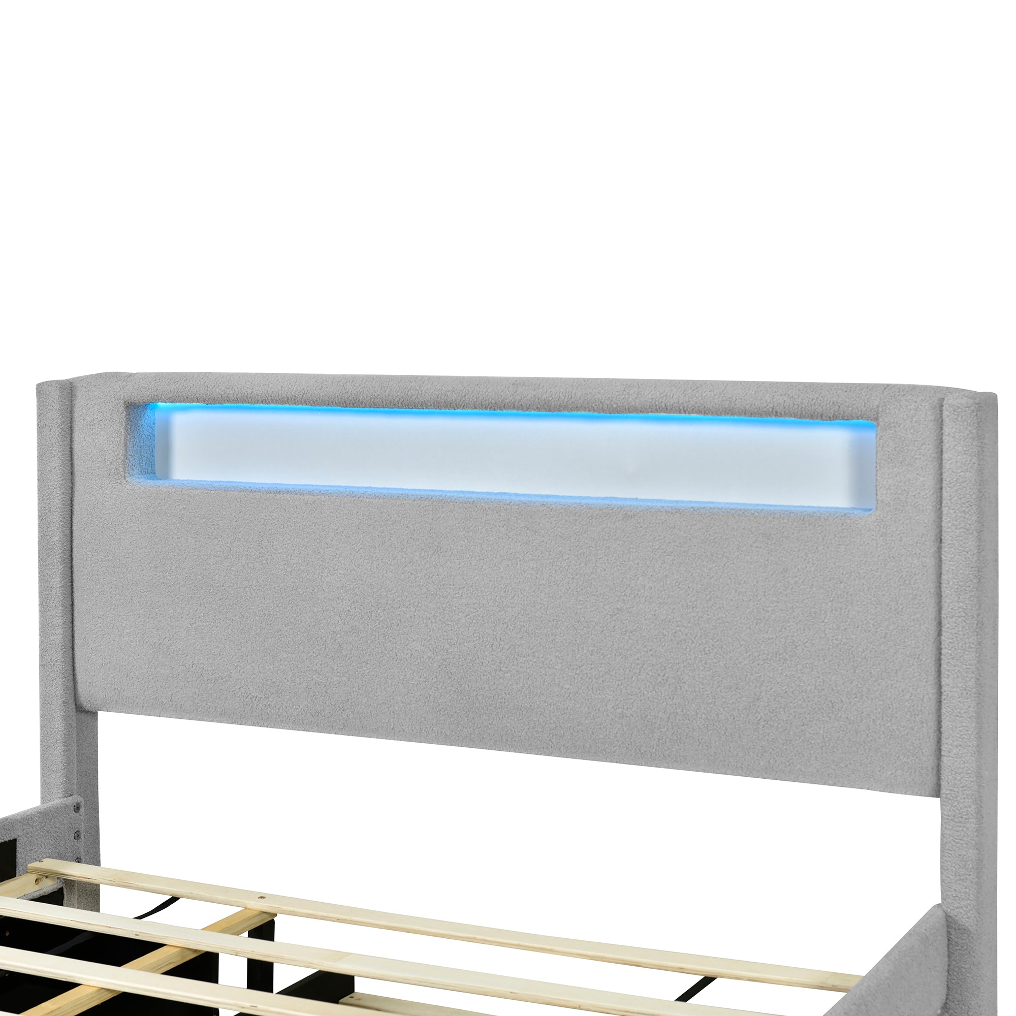 Full Size Upholstered Platform Bed with LED Frame, with Twin Size Trundle and 2 drawers, Teddy Fleece, Gray