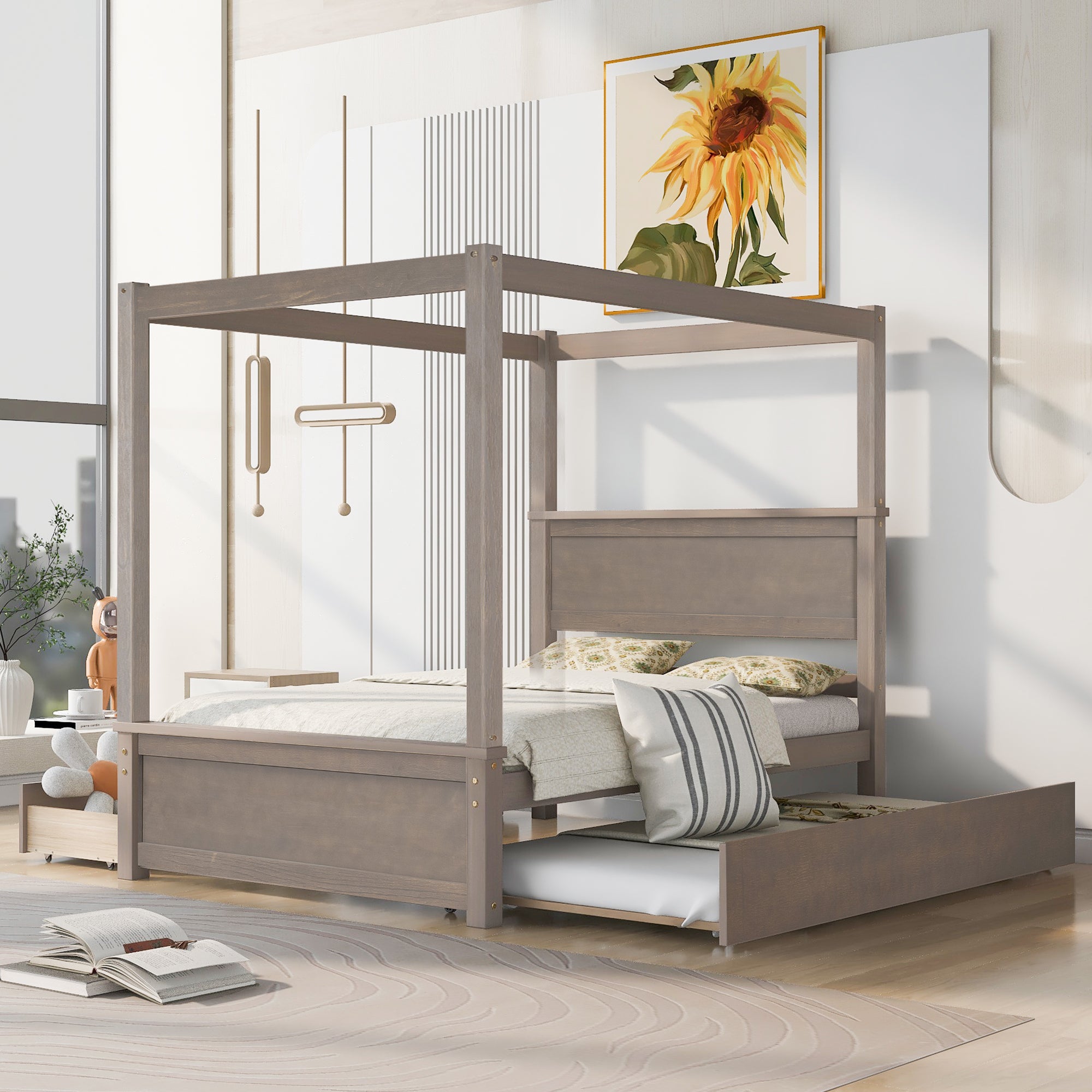 Wood Canopy Bed with Trundle Bed and two Drawers ,Full Size Canopy Platform bed With Support Slats .No Box Spring Needed, Brushed Light Brown - Atlantic Fine Furniture Melbourne FL