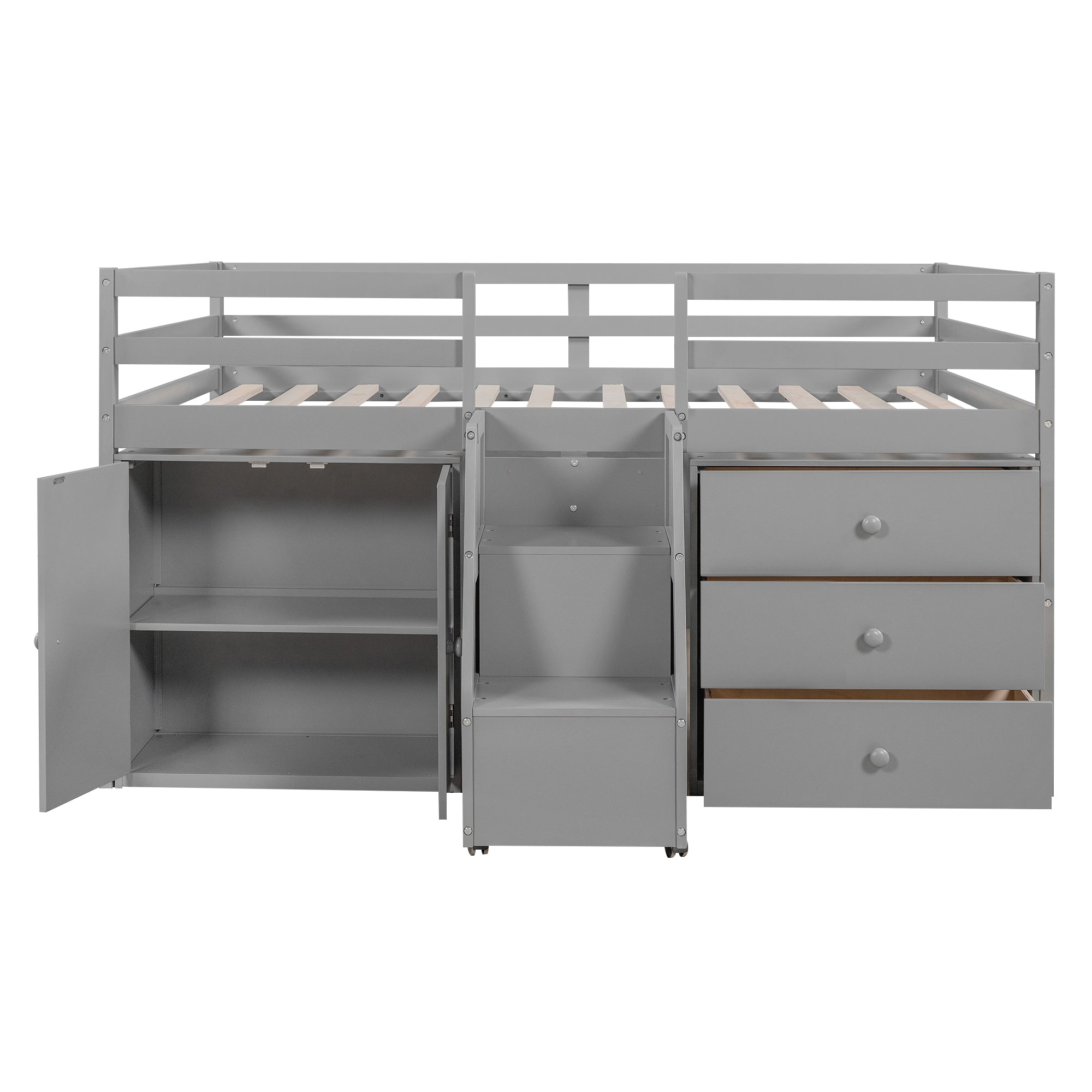 Full Size Functional Loft Bed with Cabinets and Drawers, Hanging Clothes at the back of the Staircase, Gray - Atlantic Fine Furniture Melbourne FL