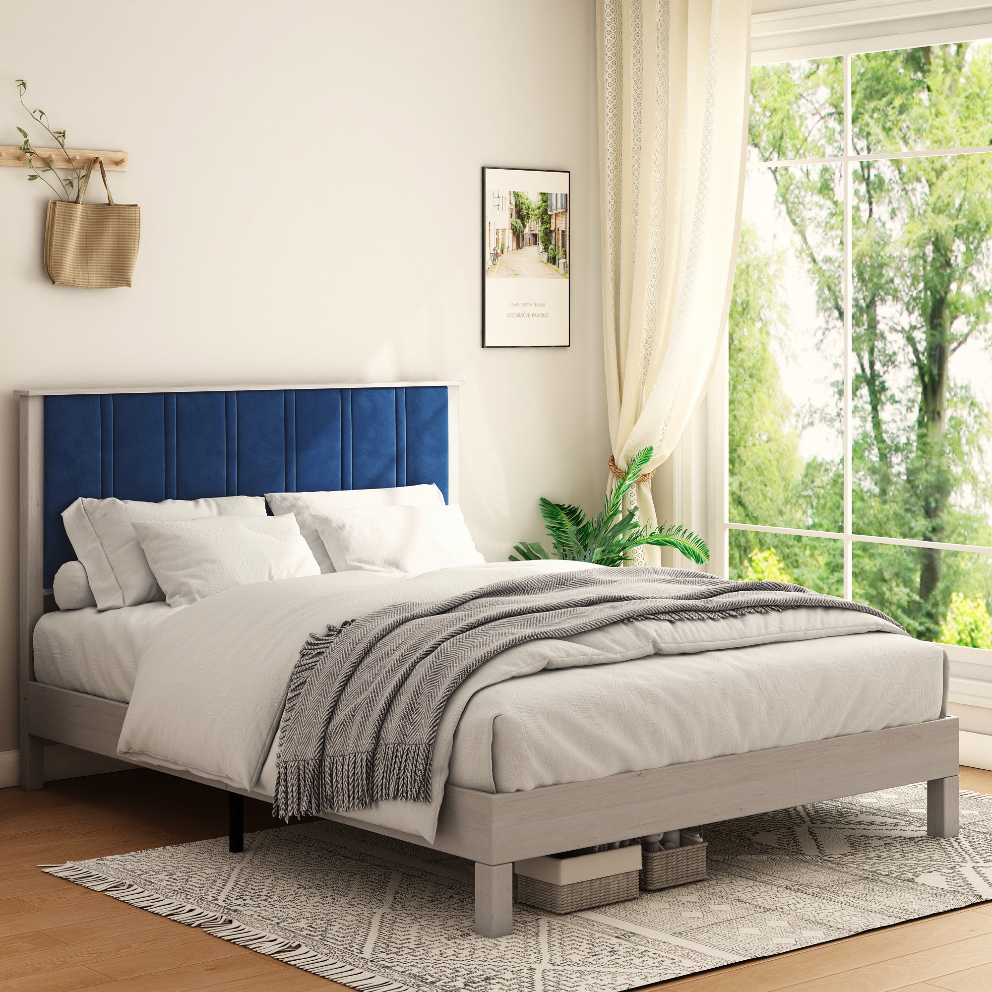 Full Bed Frame, Wood with Wood Headboard Bed Frame with upholstered headboard / Wood Foundation with Wood Slat Support / No Box Spring Needed / Easy Assembly