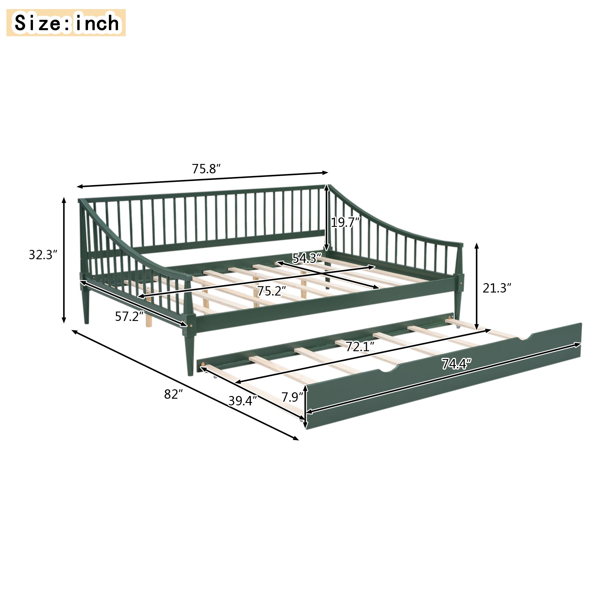 Full Size Daybed with Trundle and Support Legs, Green