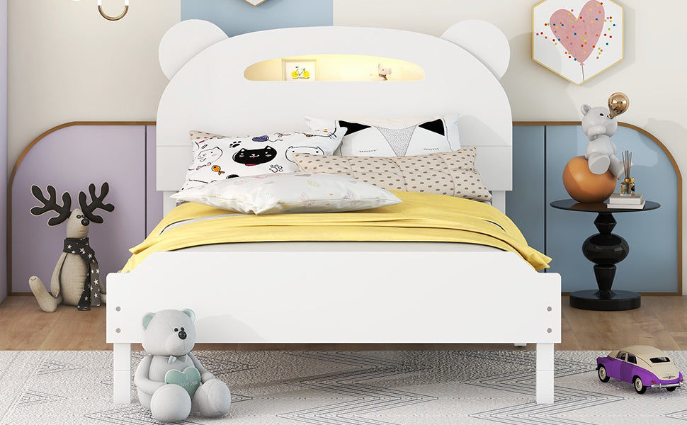 Twin Size Wood Platform Bed with Bear-shaped Headboard,Bed with Motion Activated Night Lights,White - Atlantic Fine Furniture Melbourne FL