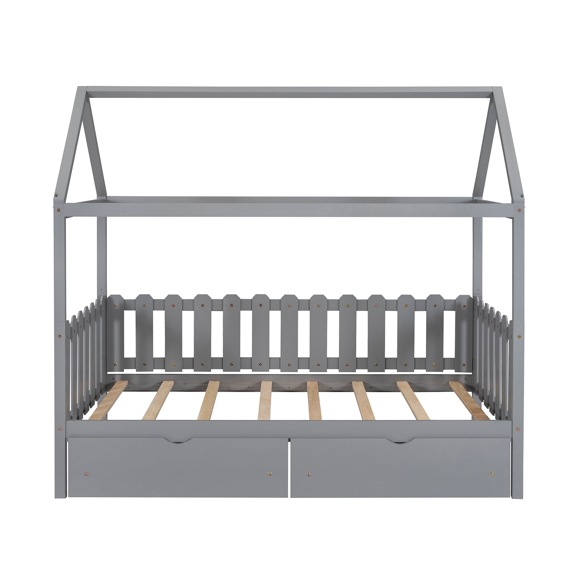 Twin Size House Bed with drawers, Fence-shaped Guardrail, Gray