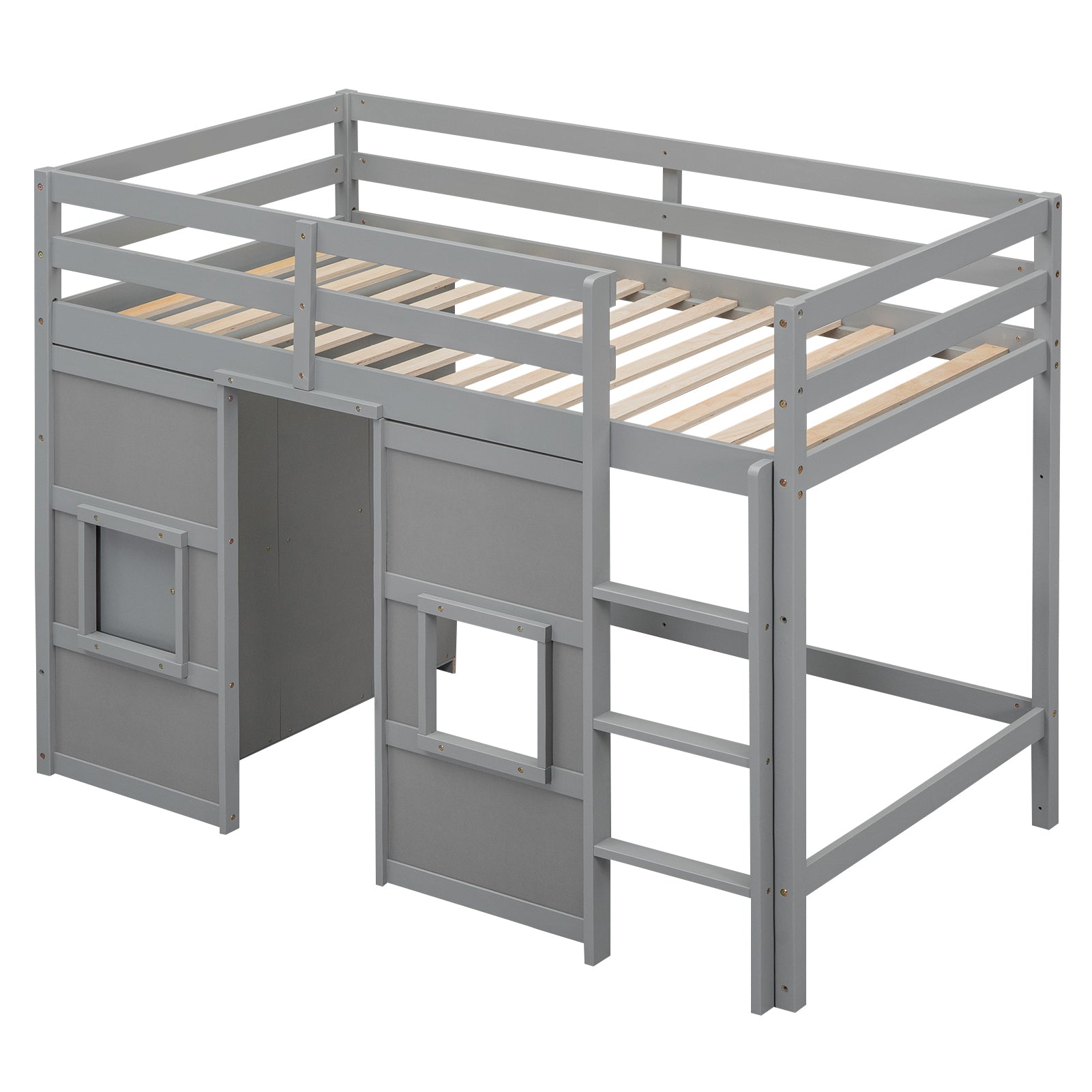 Wood Twin Size Loft Bed with Built-in Storage Wardrobe and 2 Windows, Gray - Atlantic Fine Furniture Melbourne FL