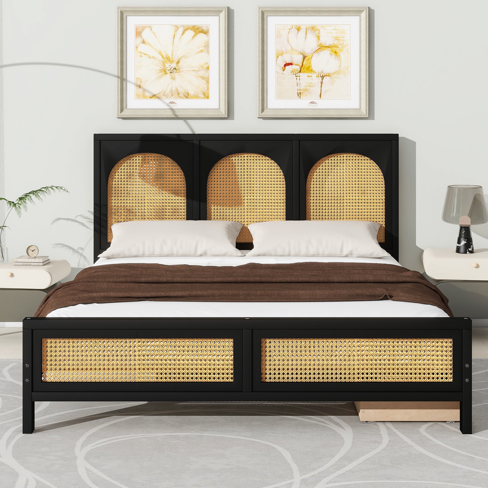 Queen Size Wood Storage Platform Bed with 2 Drawers, Rattan Headboard and Footboard, Black - Atlantic Fine Furniture Melbourne FL
