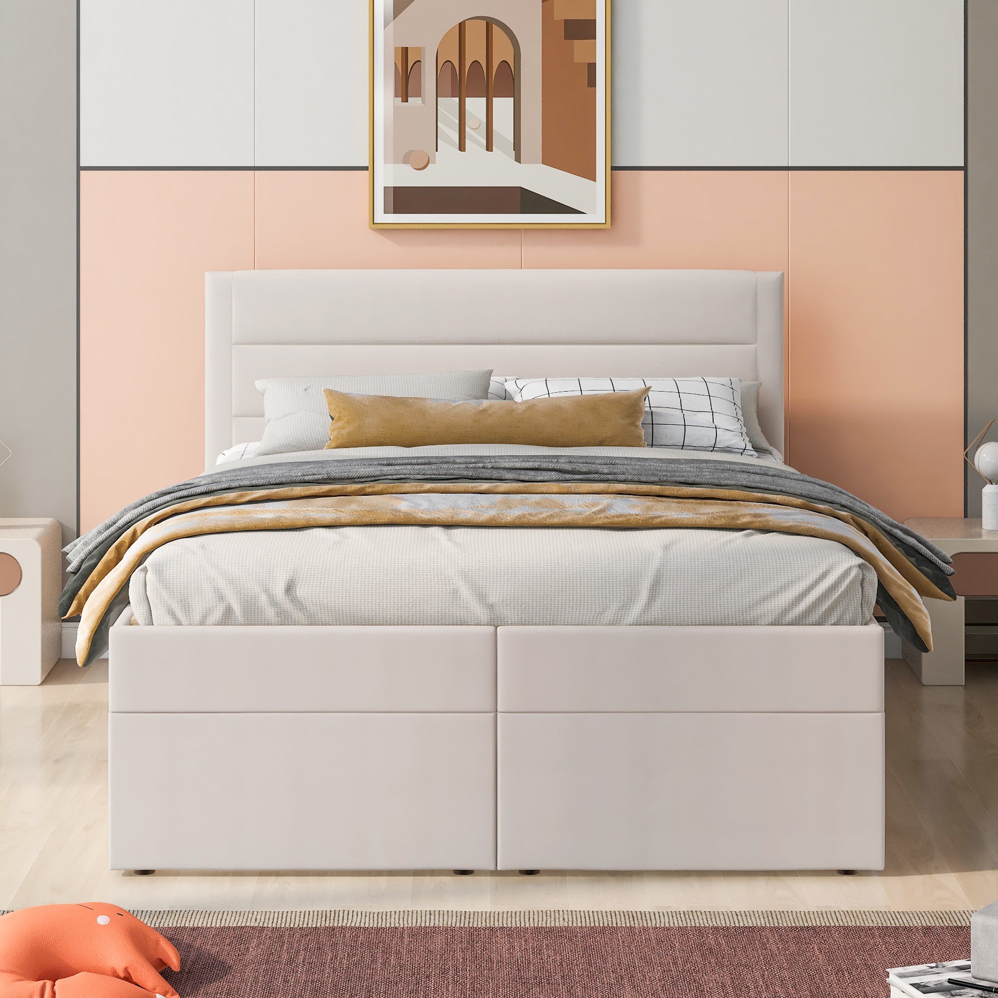 Queen Size Upholstered Platform Bed with Storage Underneath, Beige - Atlantic Fine Furniture Melbourne FL