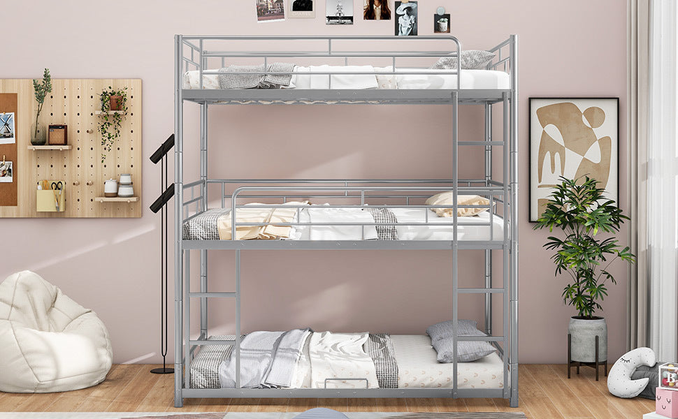 Metal Full Size Triple Bunk Bed, Silver