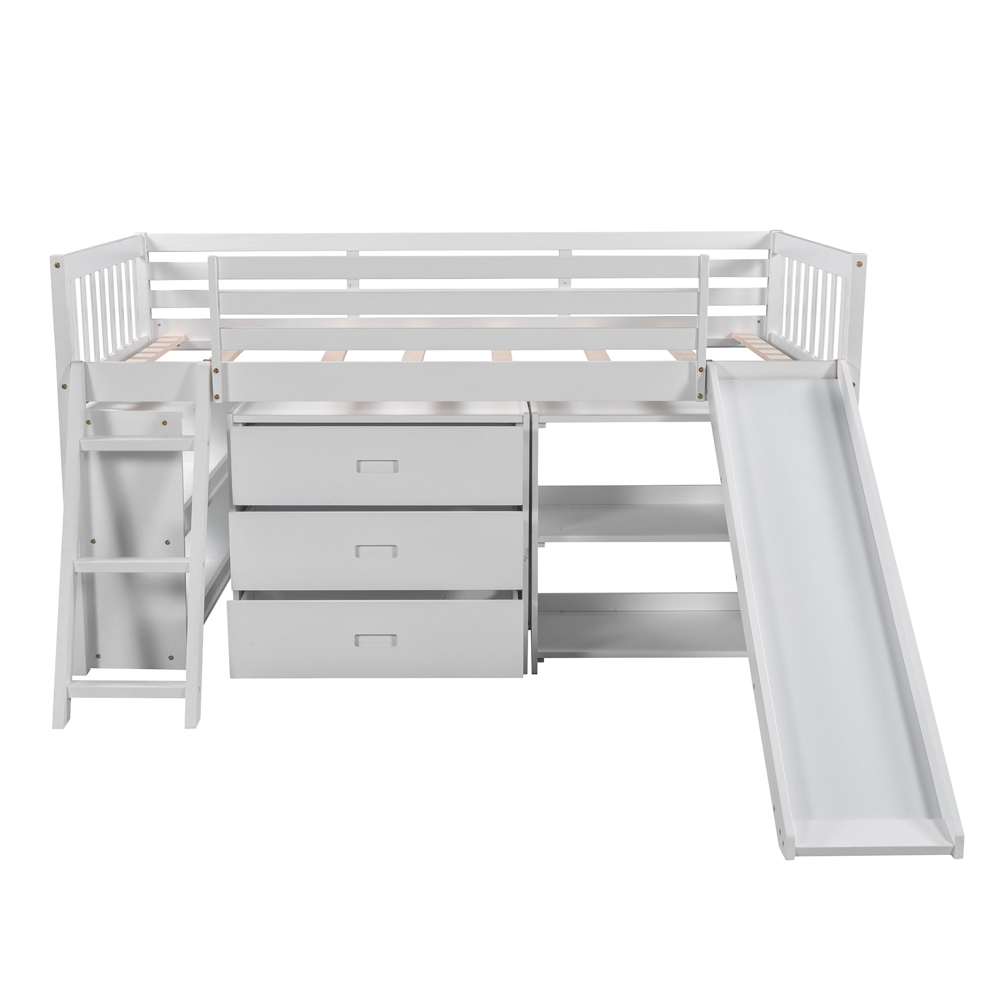 Low Loft Bed with Attached Bookcases and Separate 3-tier Drawers,Convertible Ladder and Slide,Twin,White - Atlantic Fine Furniture Melbourne FL