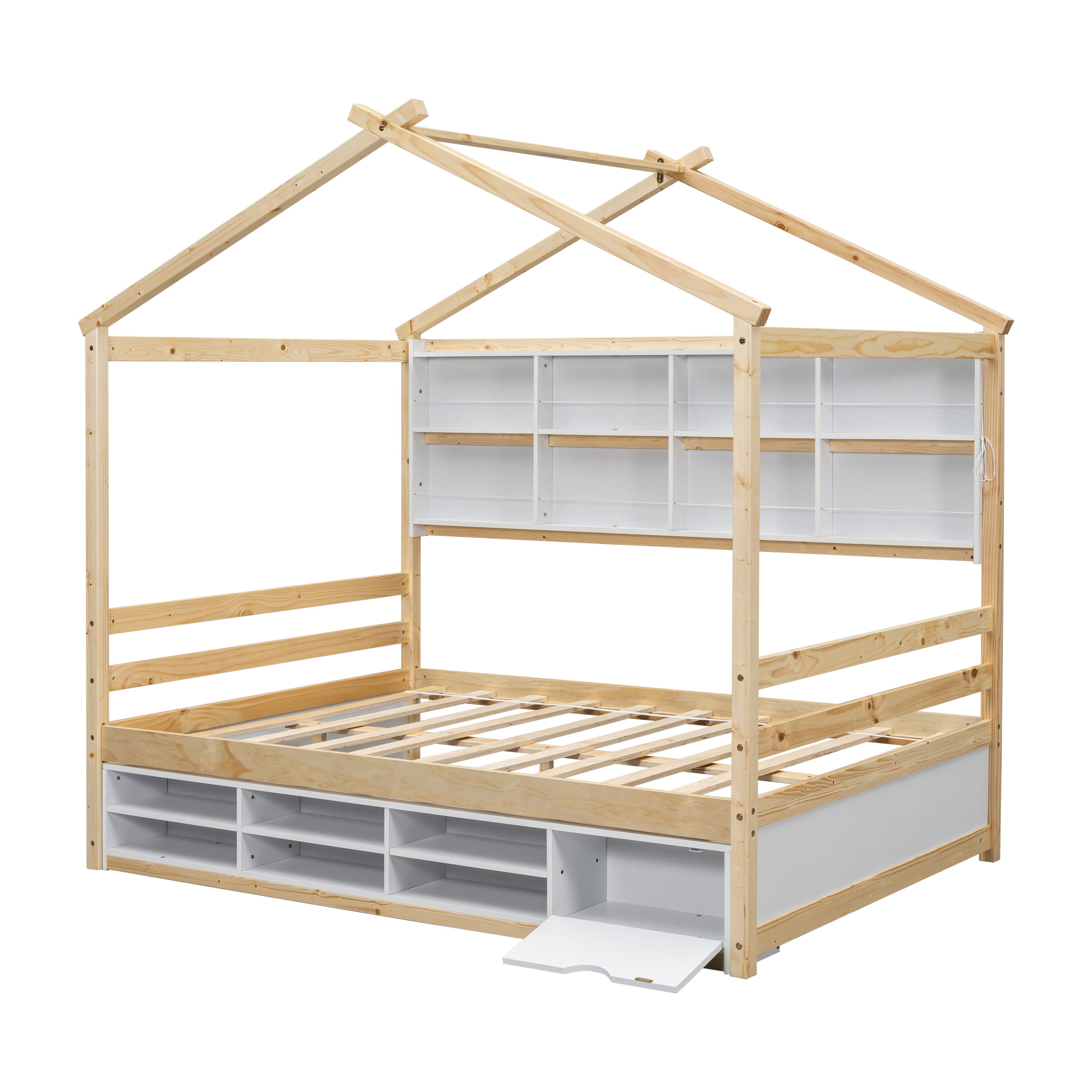 Full House Bed with Roof Frame, Bedside-shelves, Under Bed Storage Unit,Natural - Atlantic Fine Furniture Melbourne FL