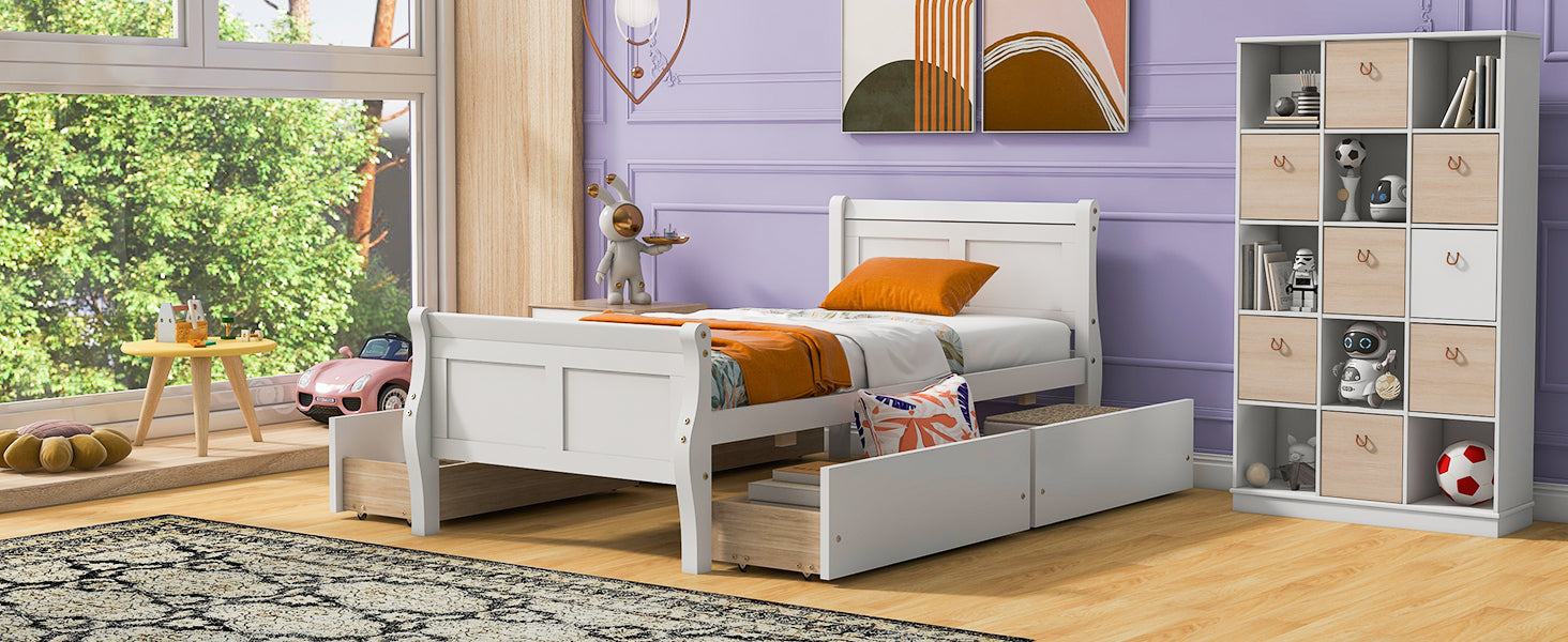Twin Size Wood Platform Bed with 4 Drawers and Streamlined Headboard & Footboard, White - Atlantic Fine Furniture Melbourne FL