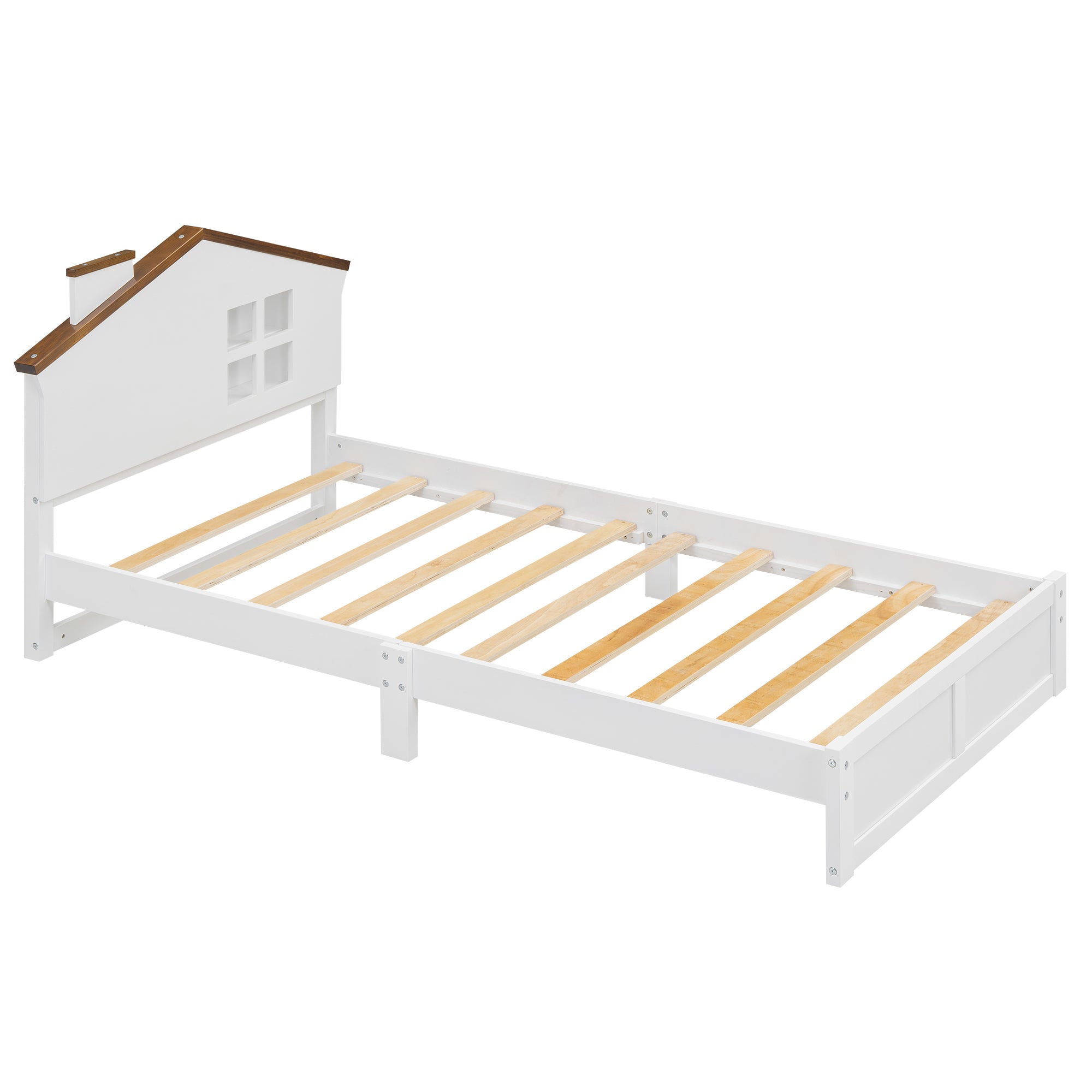 Twin Size Wood Platform Bed with House-shaped Headboard and Built-in LED, Walnut+White - Atlantic Fine Furniture Melbourne FL