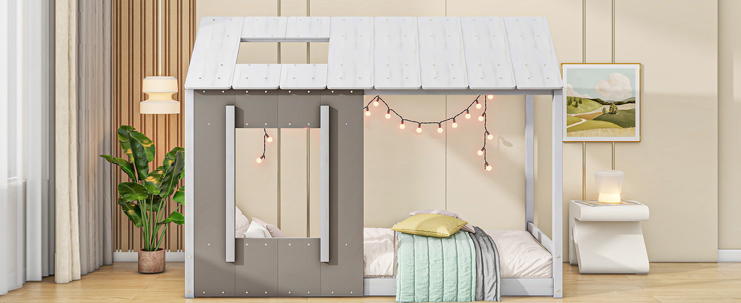 Twin Size House Platform with Roof and Window, White+Antique Grey(Old SKU: WF294130AAE) - Atlantic Fine Furniture Melbourne FL