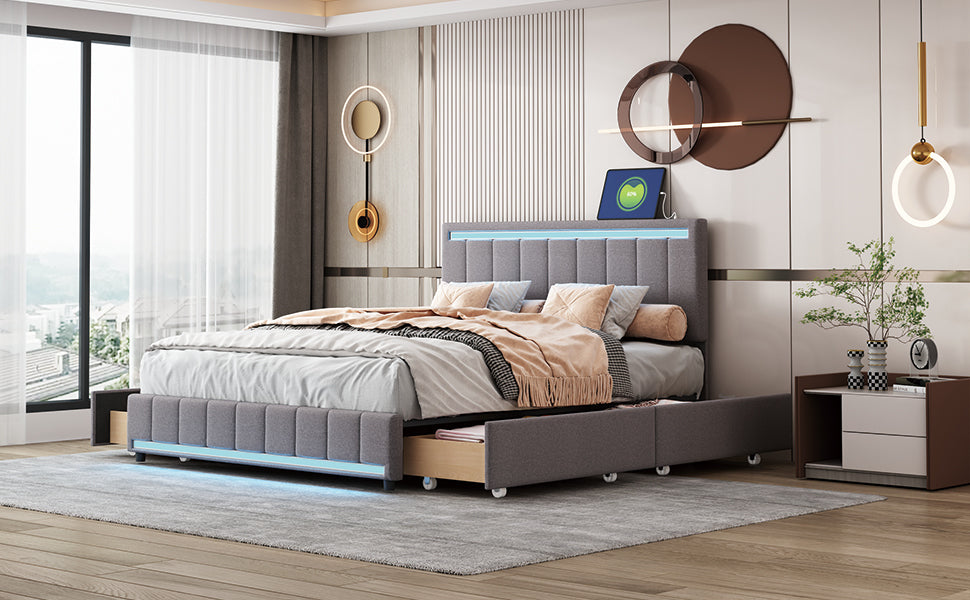 Queen Size Upholstered Bed with LED Light and 4 Drawers, Modern Platform Bed with a set of Sockets and USB Ports, Linen Fabric, Beige - Atlantic Fine Furniture Melbourne FL