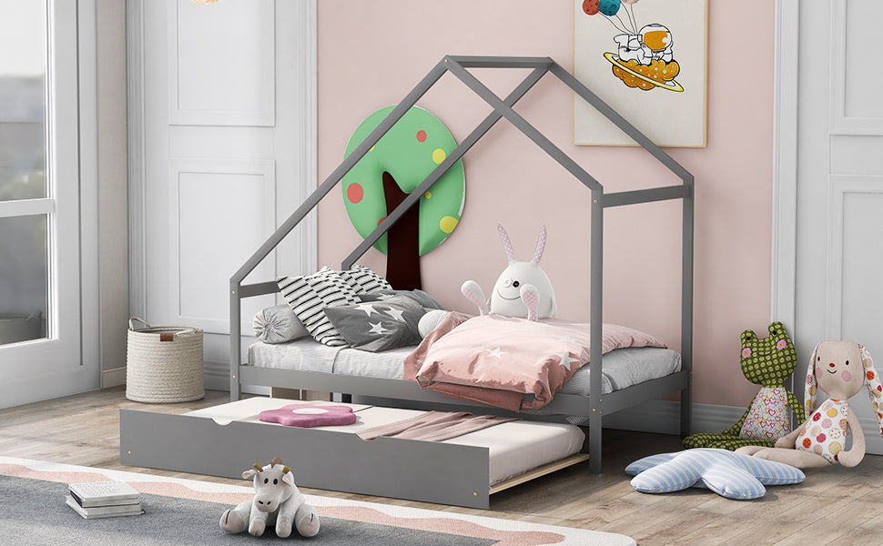 Twin Size Wooden House Bed With Twin Size Trundle, Gray - Atlantic Fine Furniture Melbourne FL