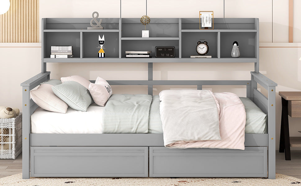 Full size Daybed, Wood Slat Support, with Bedside Shelf and Two Drawers, Gray - Atlantic Fine Furniture Melbourne FL