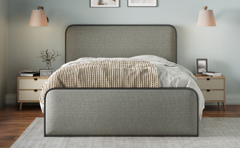 Modern Metal Bed Frame with Curved Upholstered Headboard and Footboard Bed with Under Bed Storage, Heavy Duty Metal Slats, King Size, Grey - Atlantic Fine Furniture Melbourne FL