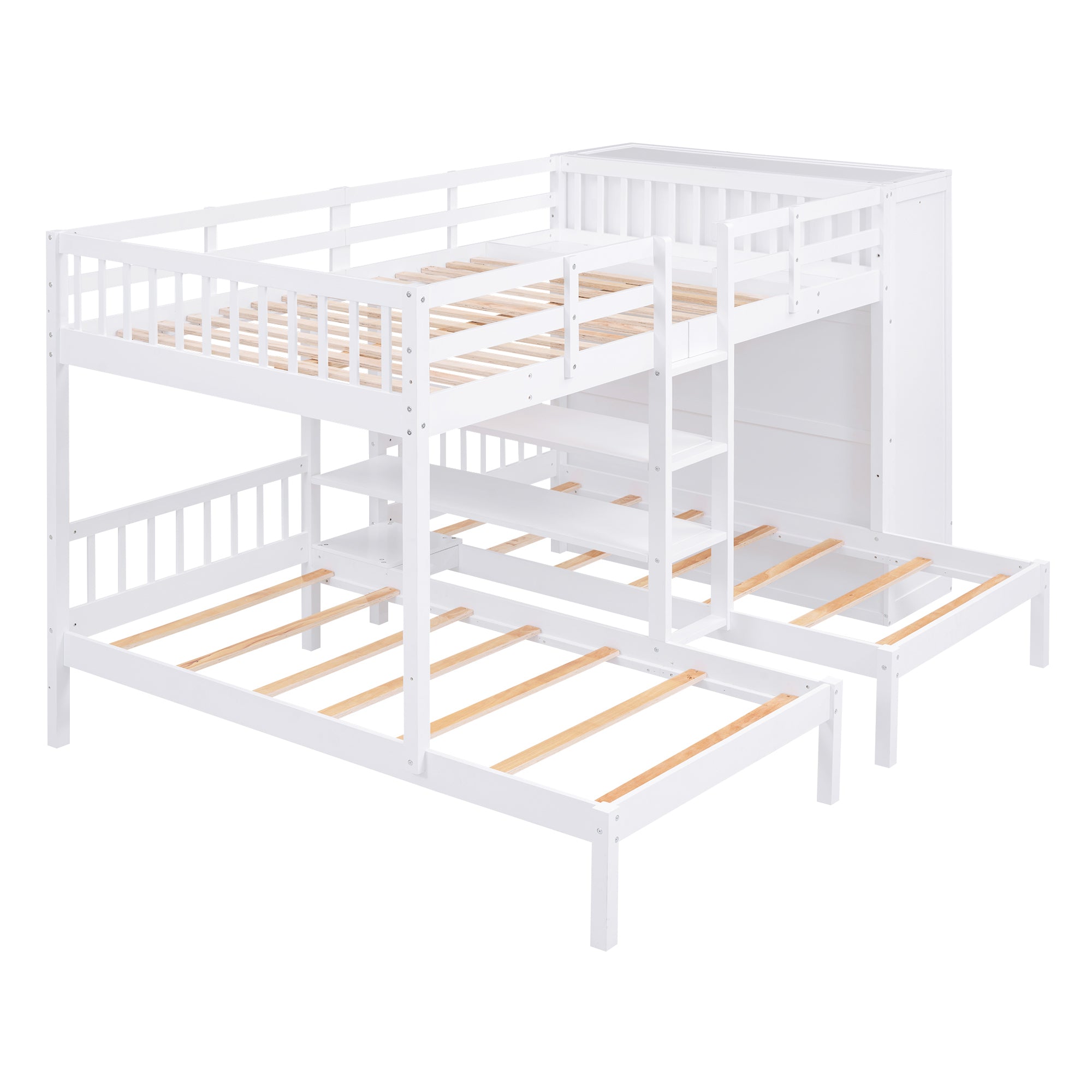 Full-Over-Twin-Twin Bunk Bed with Shelves, Wardrobe and Mirror, White - Atlantic Fine Furniture Melbourne FL