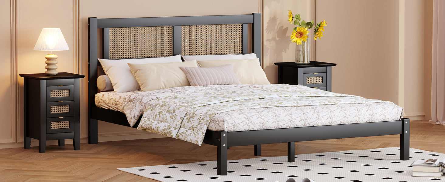 Full Size Wooden Platform Bed with Natural Rattan Headboard, Exquisite Elegance with Minimalist Charm for Bedroom, Black - Atlantic Fine Furniture Melbourne FL