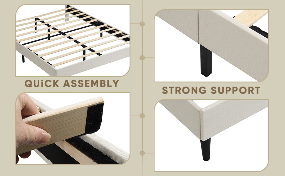 Full Size Platform Bed Frame with Fabric Upholstered Headboard and Wooden Slats, No Box Spring Needed/Easy Assembly, Beige - Atlantic Fine Furniture Melbourne FL