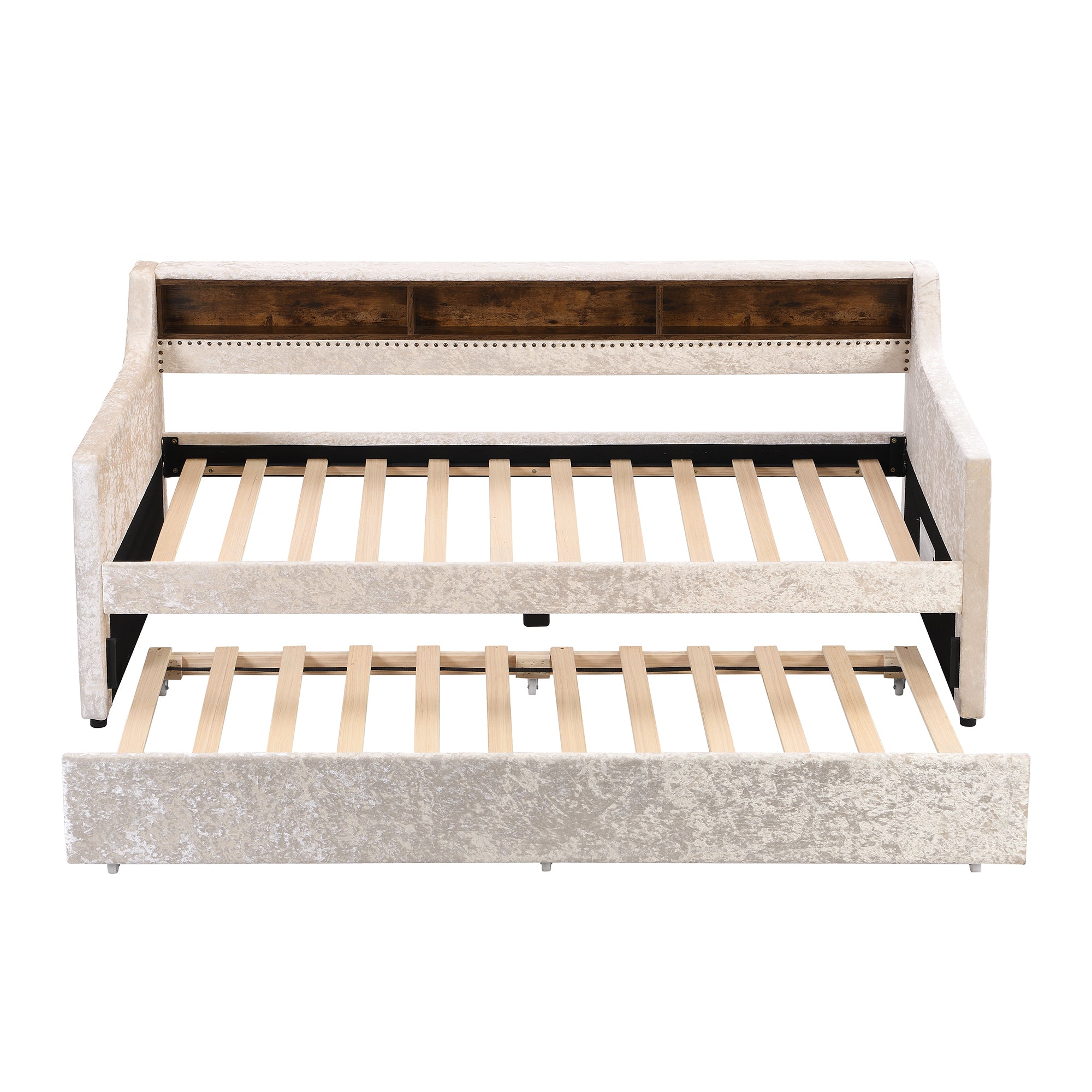 Twin Size Snowflake Velvet Daybed with Trundle and Built-in Storage Shelves,Beige - Atlantic Fine Furniture Melbourne FL