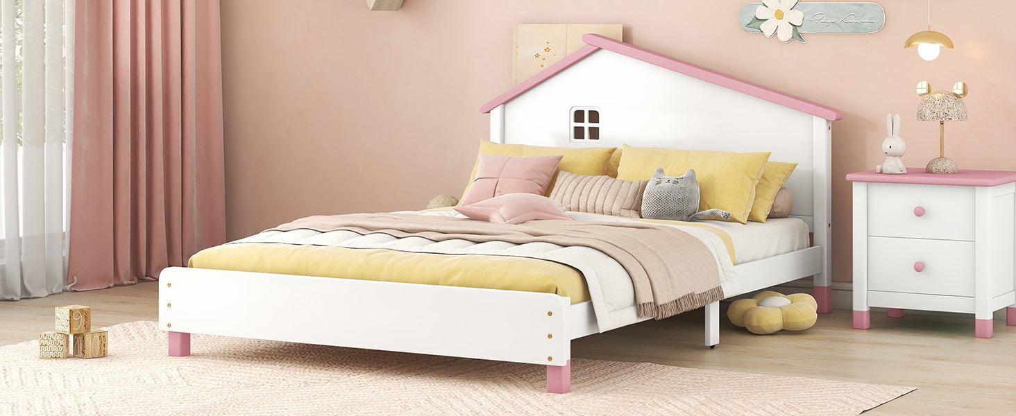 Full Size Wood Platform Bed with House-shaped Headboard (White+Pink)