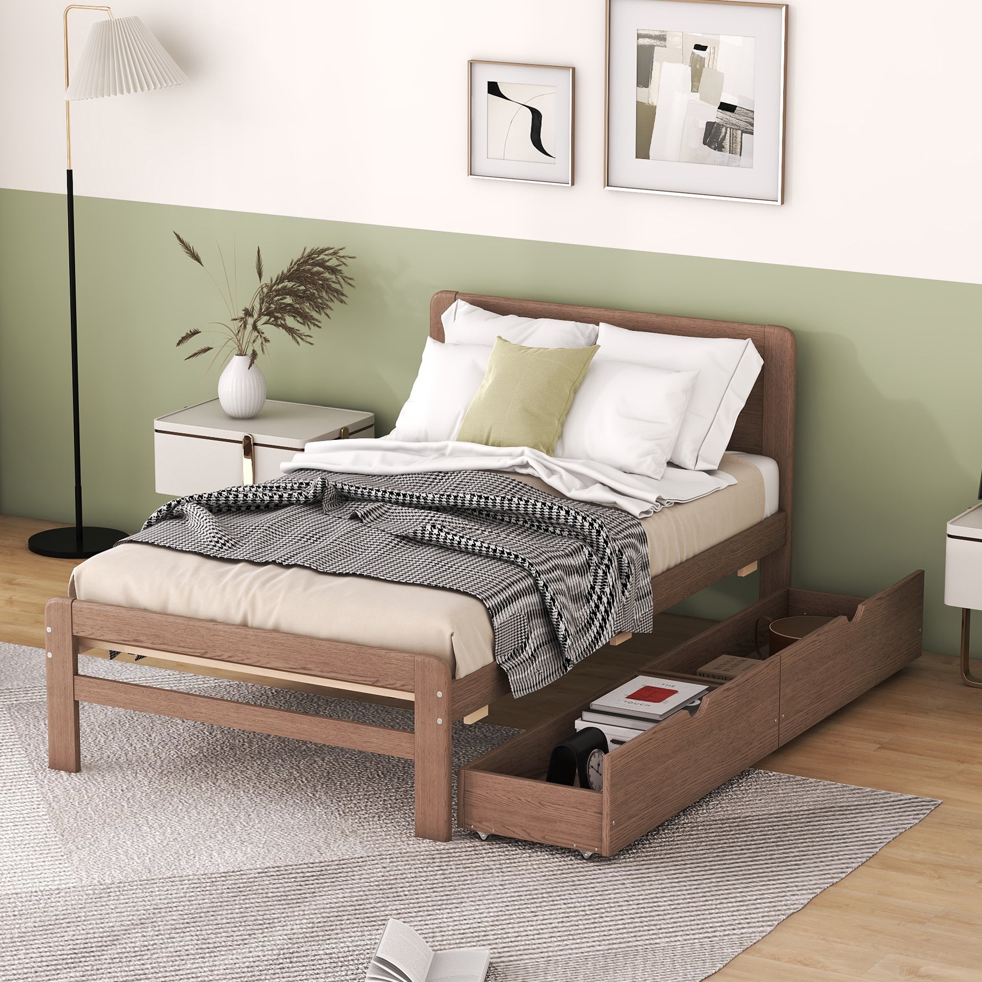 Modern Design Twin Size Platform Bed Frame with 2 Drawers for Walnut Color - Atlantic Fine Furniture Melbourne FL