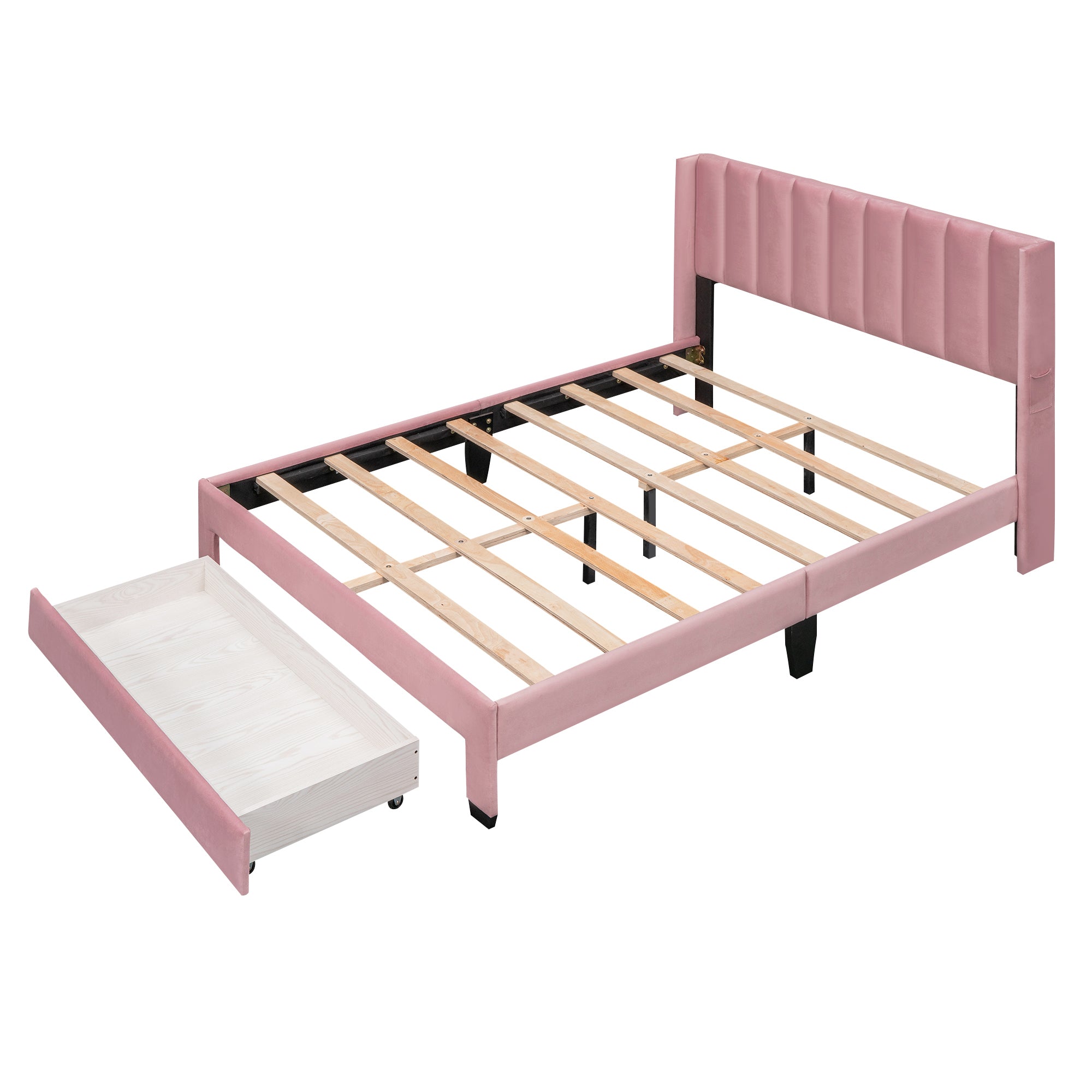 Queen Size Storage Bed Velvet Upholstered Platform Bed with a Big Drawer - Pink - Atlantic Fine Furniture Melbourne FL