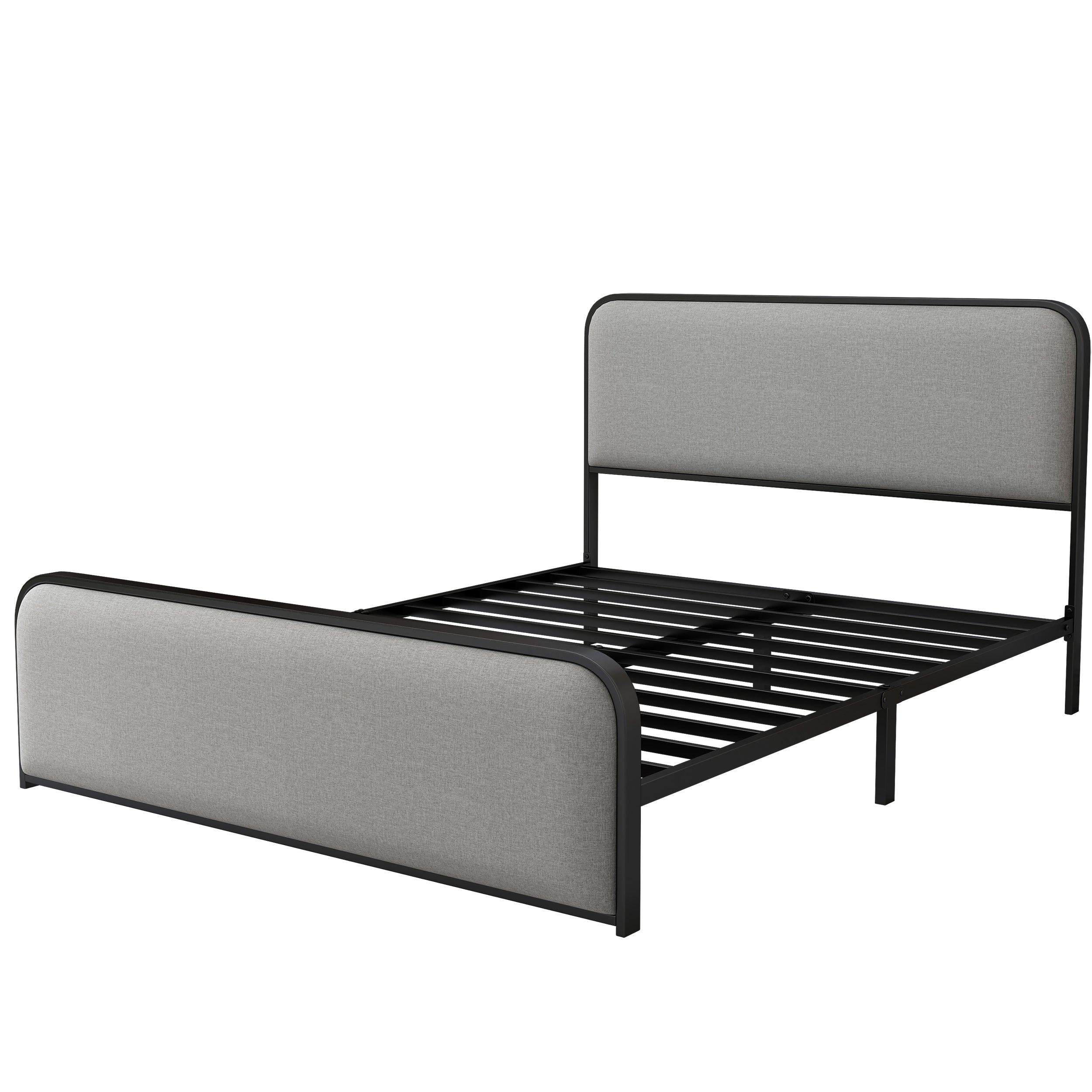 Modern Metal Bed Frame with Curved Upholstered Headboard and Footboard Bed with Under Bed Storage, Heavy Duty Metal Slats, Queen Size, Grey - Atlantic Fine Furniture Melbourne FL