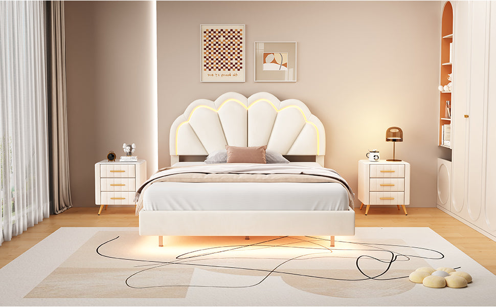 Full Upholstered Smart LED Bed Frame with Elegant Flowers Headboard,Floating Velvet Platform LED Bed with Wooden Slats Support,Beige