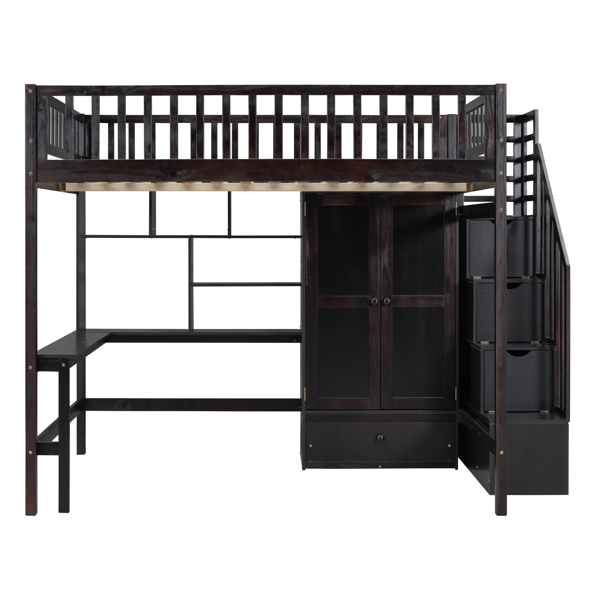 Full size Loft Bed with Bookshelf,Drawers,Desk,and Wardrobe-Espresso