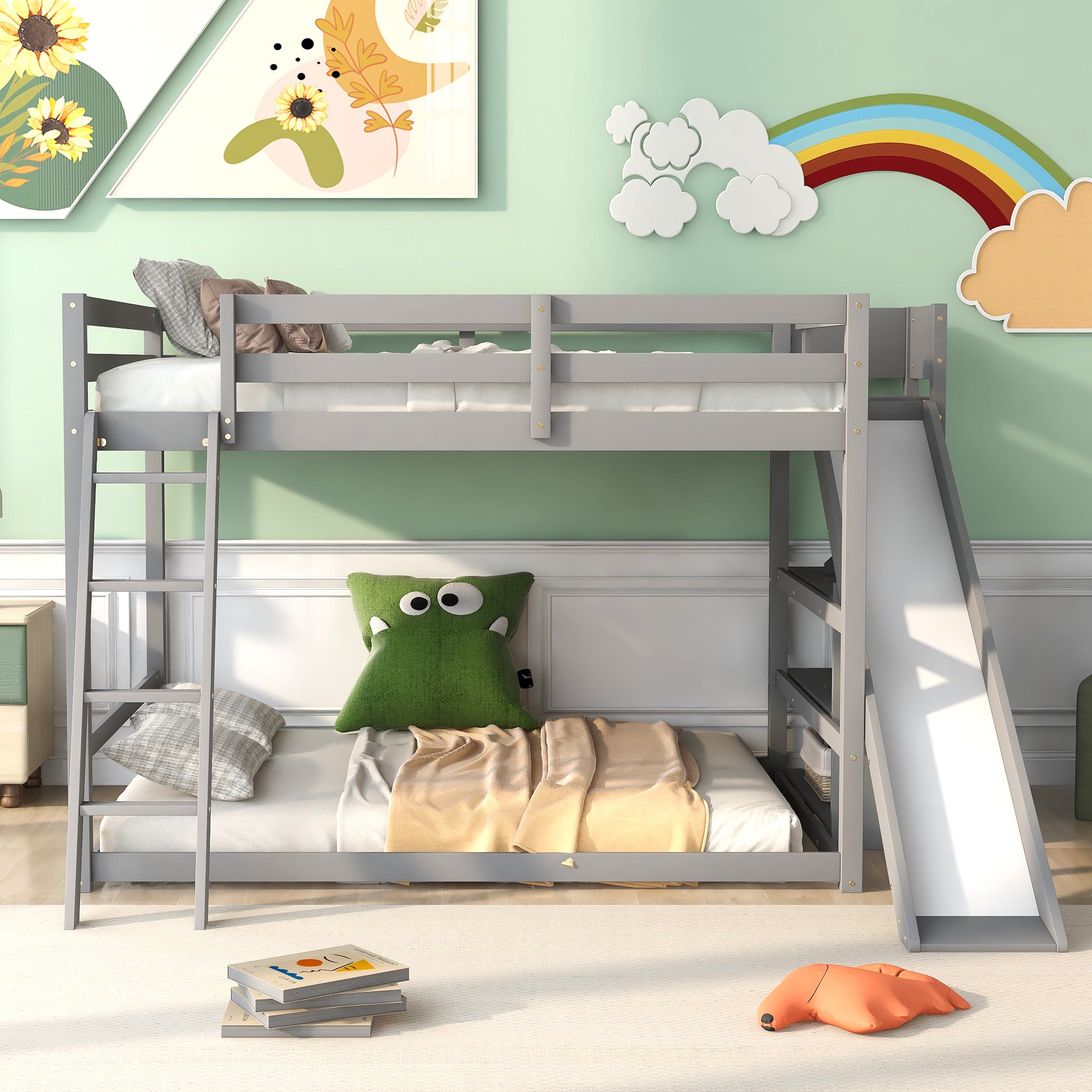 Full over Full Bunk Bed with Ladder, Slide and Shelves, Gray - Atlantic Fine Furniture Melbourne FL