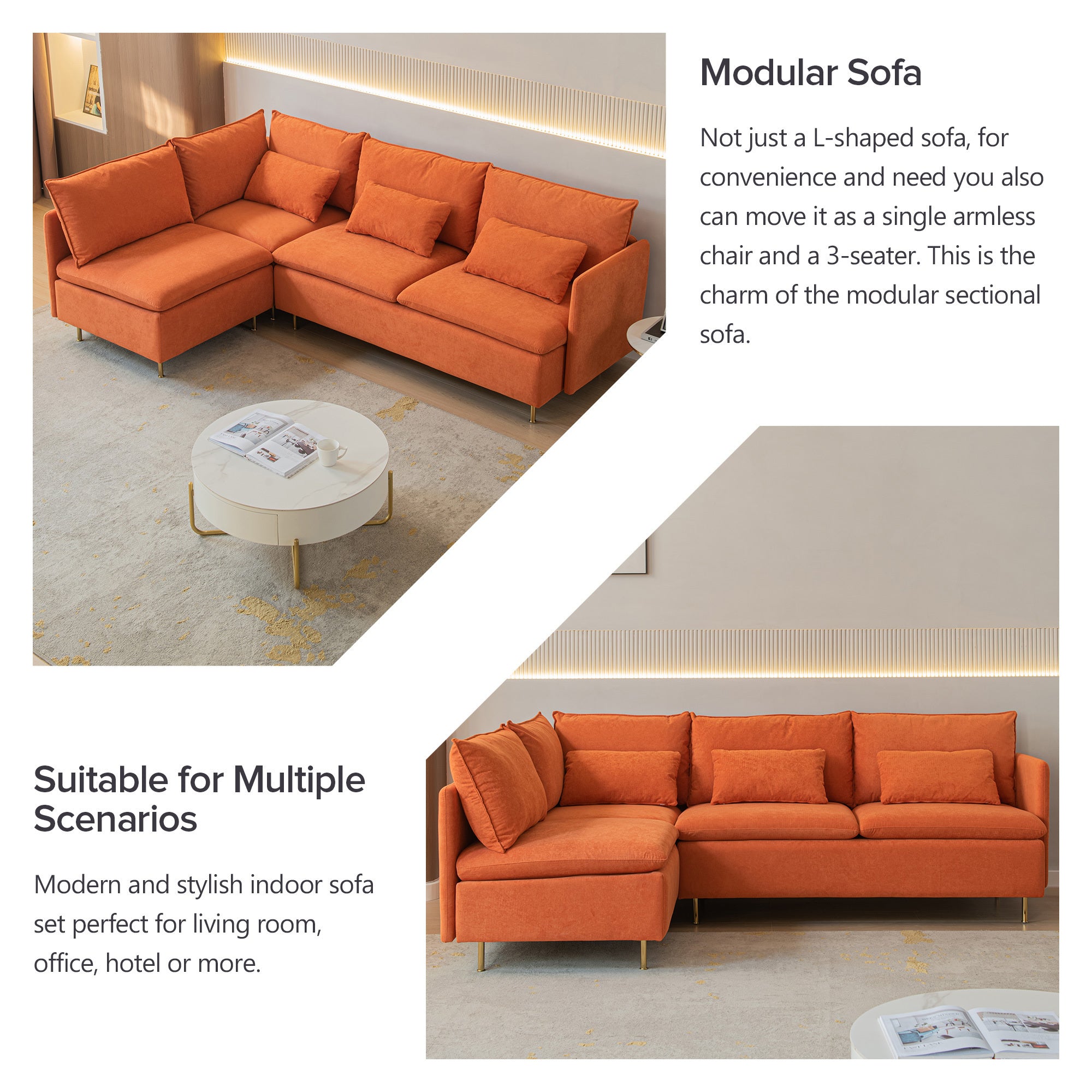 Modular L-shaped Corner sofa ,Left Hand Facing Sectional Couch,Orange Cotton Linen-90.9''