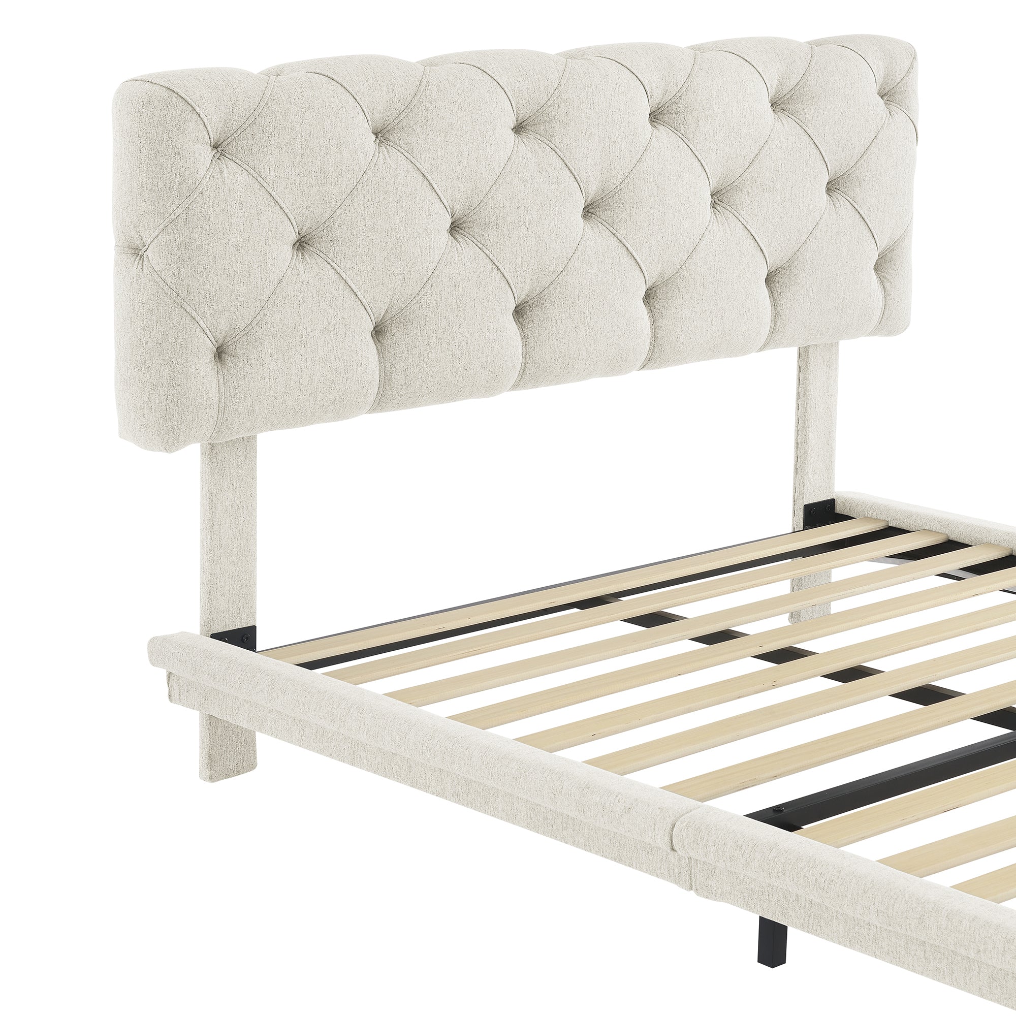 Full Size Upholstered Bed with Light Stripe, Floating Platform Bed, Linen Fabric,Beige - Atlantic Fine Furniture Melbourne FL
