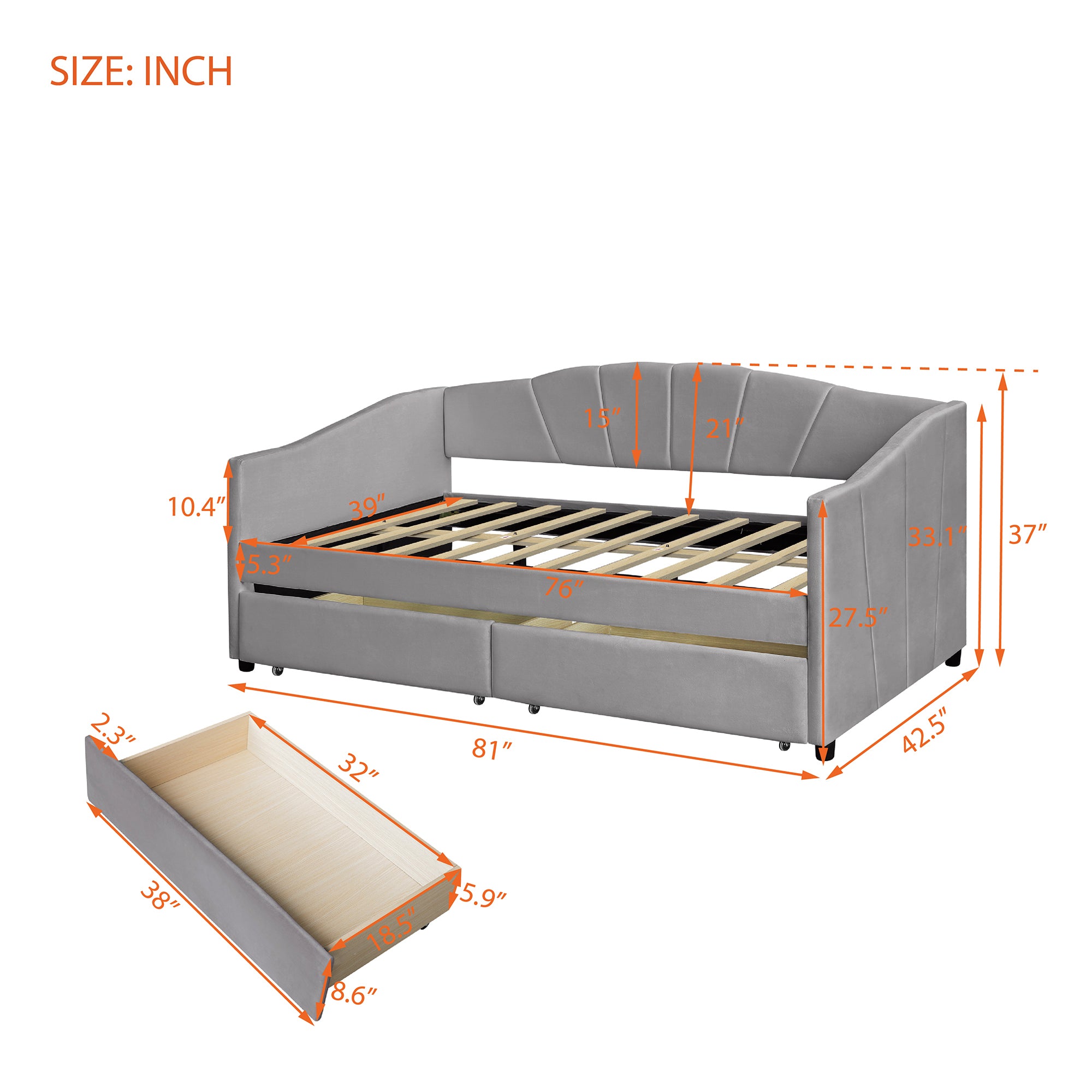 Upholstered daybed Twin Size with Two Drawers and Wood Slat ,Gray - Atlantic Fine Furniture Melbourne FL