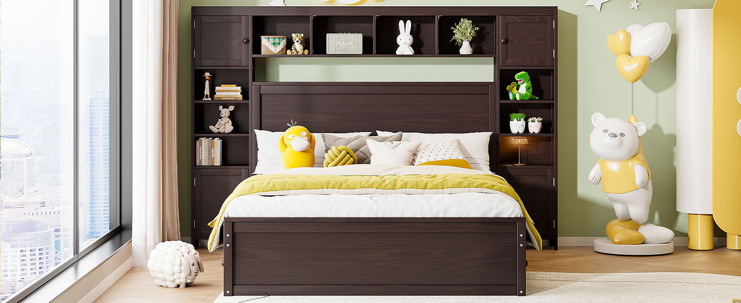 Queen Size Wooden Bed With All-in-One Cabinet, Shelf and Sockets, Espresso - Atlantic Fine Furniture Melbourne FL