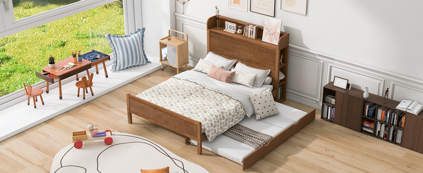 Full Size Platform Bed with Storage Headboard and Twin Size Trundle, Walnut - Atlantic Fine Furniture Melbourne FL