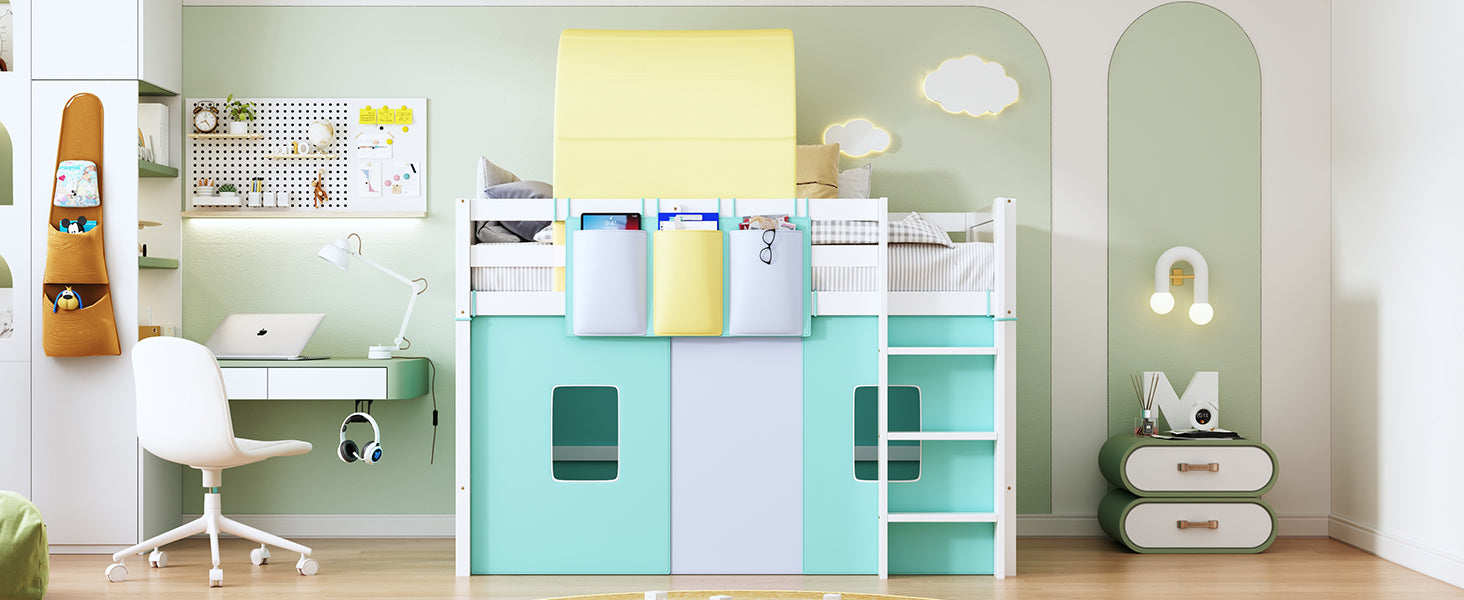 Twin Size Loft Bed with Tent and Tower and Three Pockets- Green - Atlantic Fine Furniture Melbourne FL
